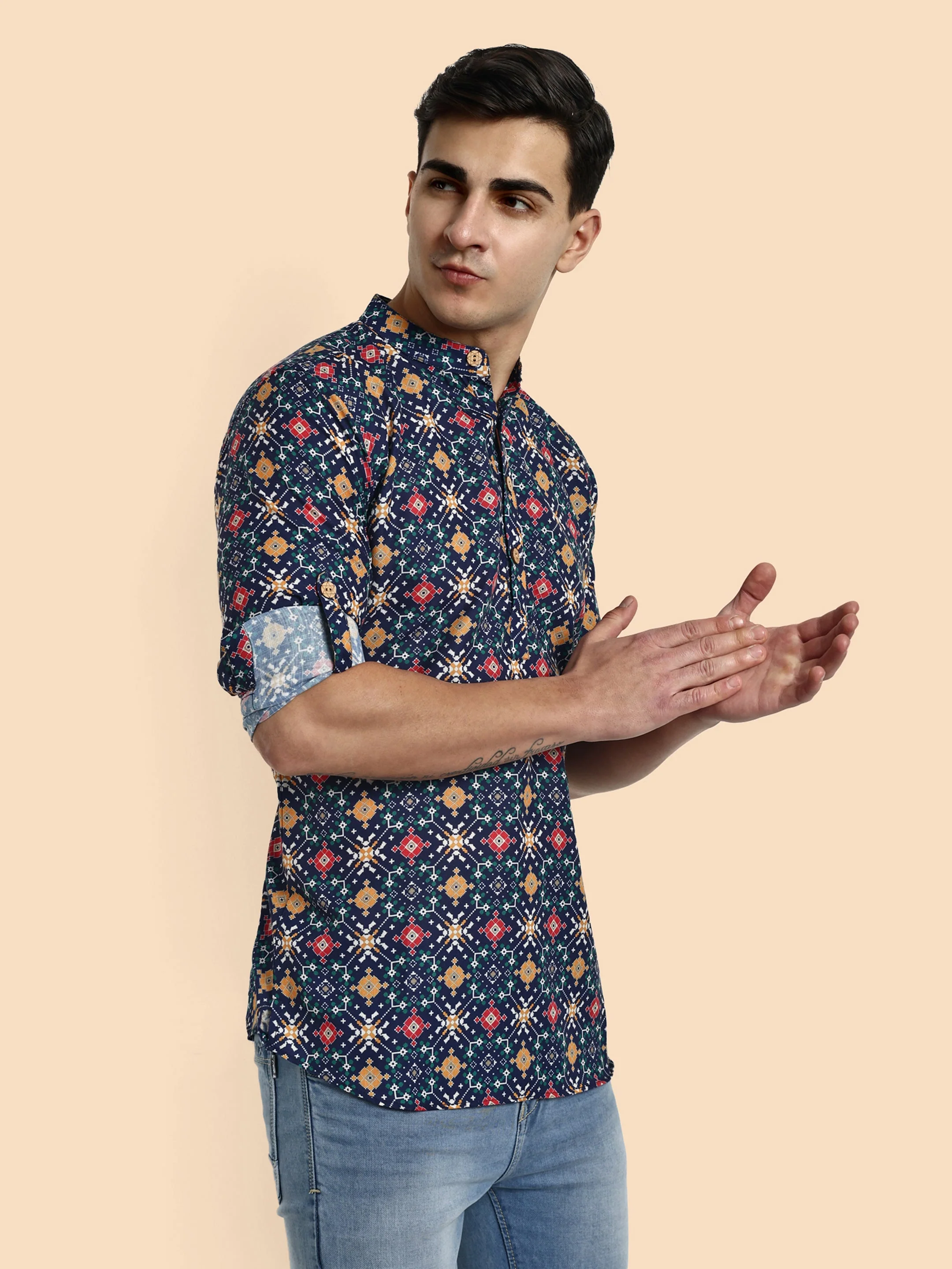 Navy Blue Printed Men's Short Kurta - Image 7