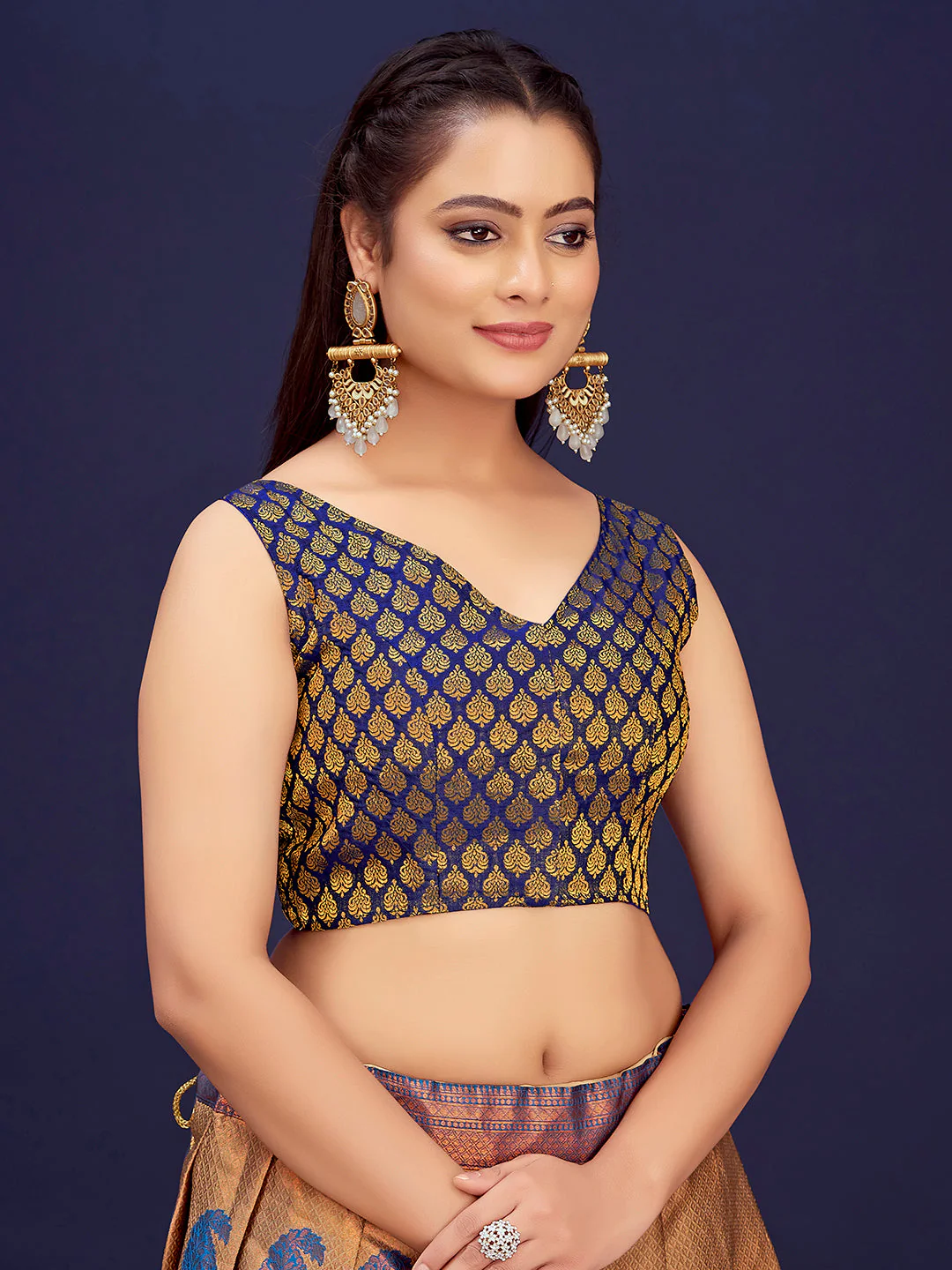 Navy Blue V-Neck Sleeveless Brocade Blouse with Gold Zari Work - Image 3