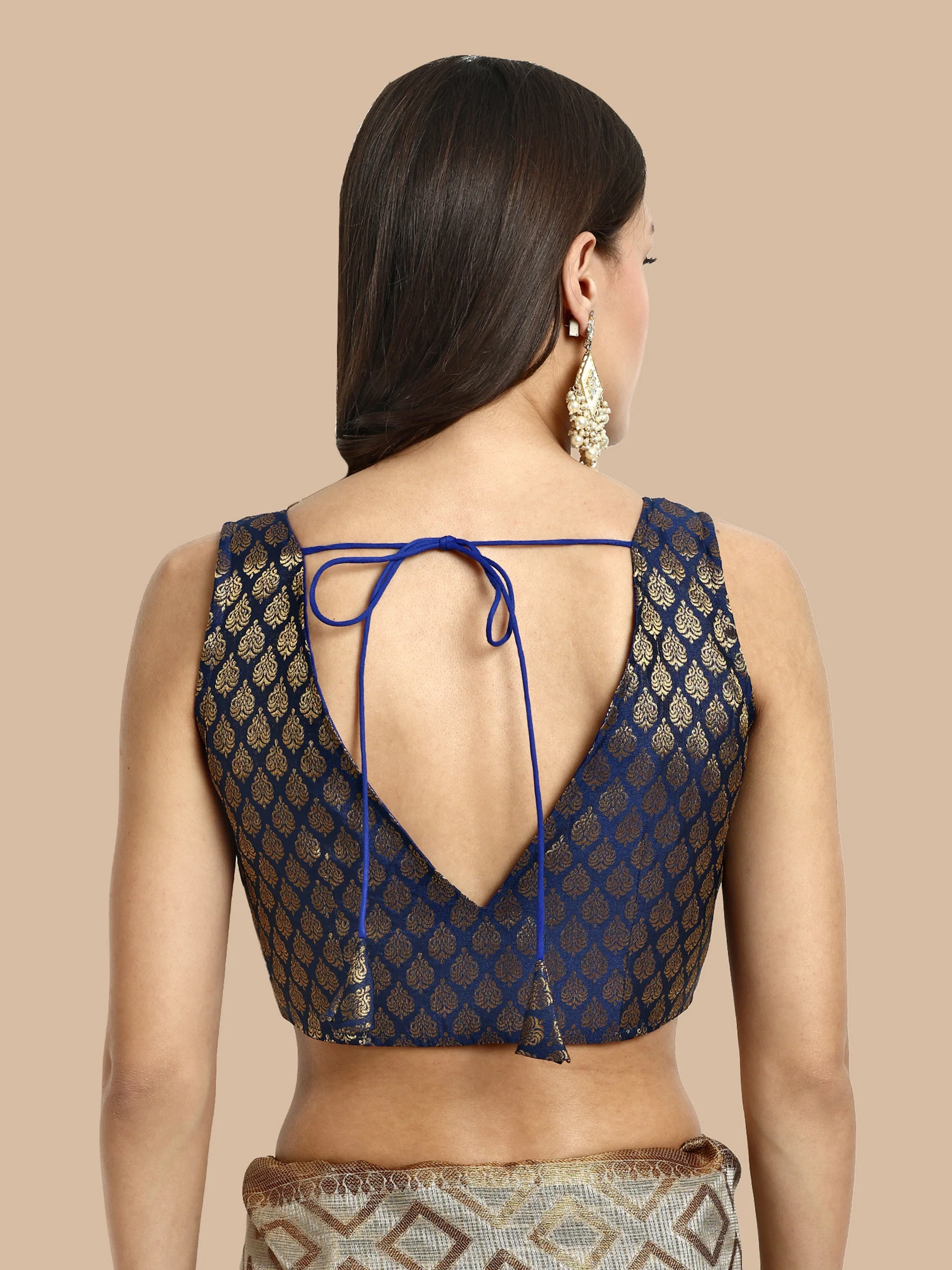 Navy Blue V-Neck Sleeveless Brocade Blouse - Image 4