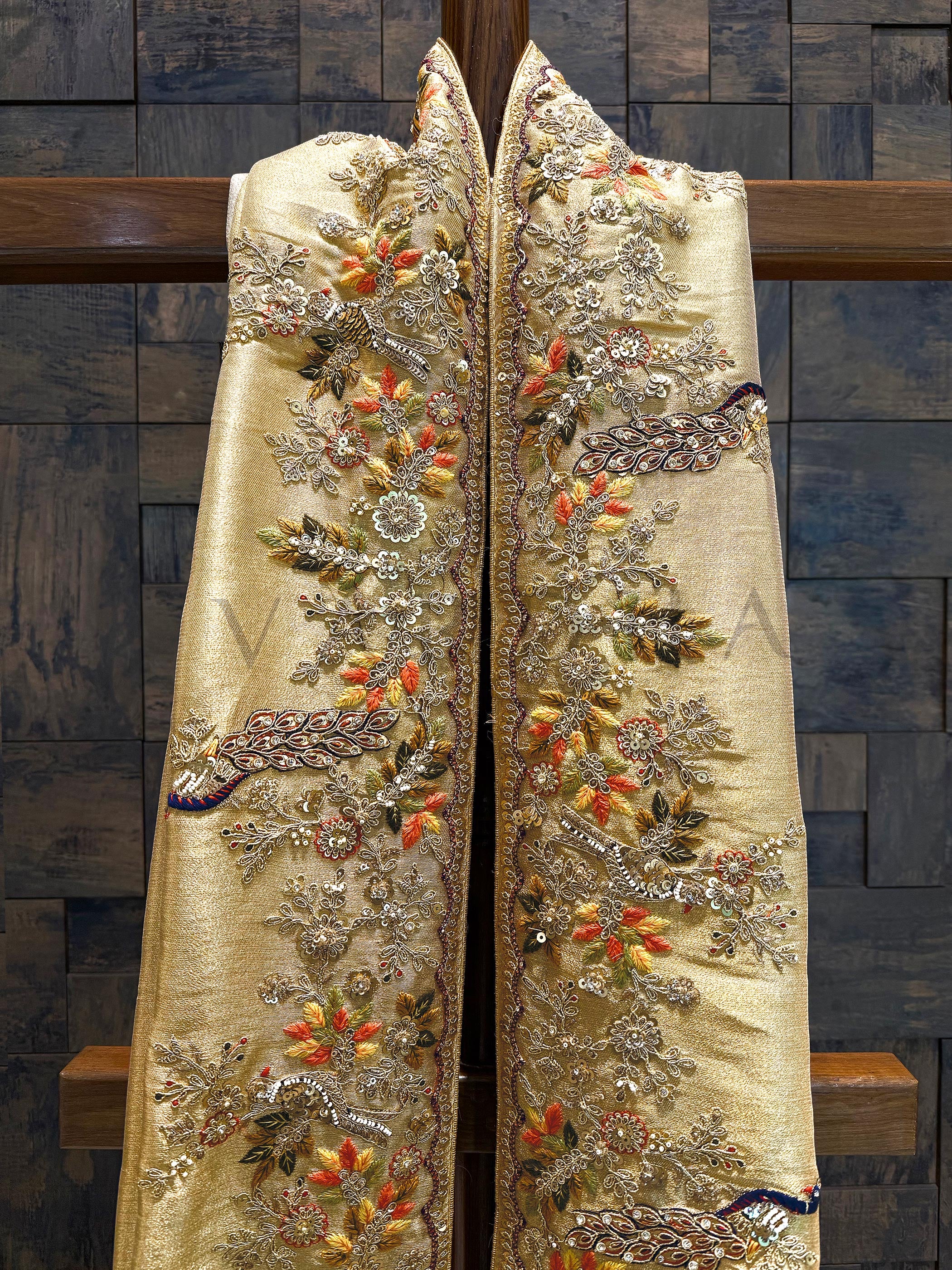 Off White-Gold Tissue Silk Saree with Zari Weaving & Hand Work - Image 4