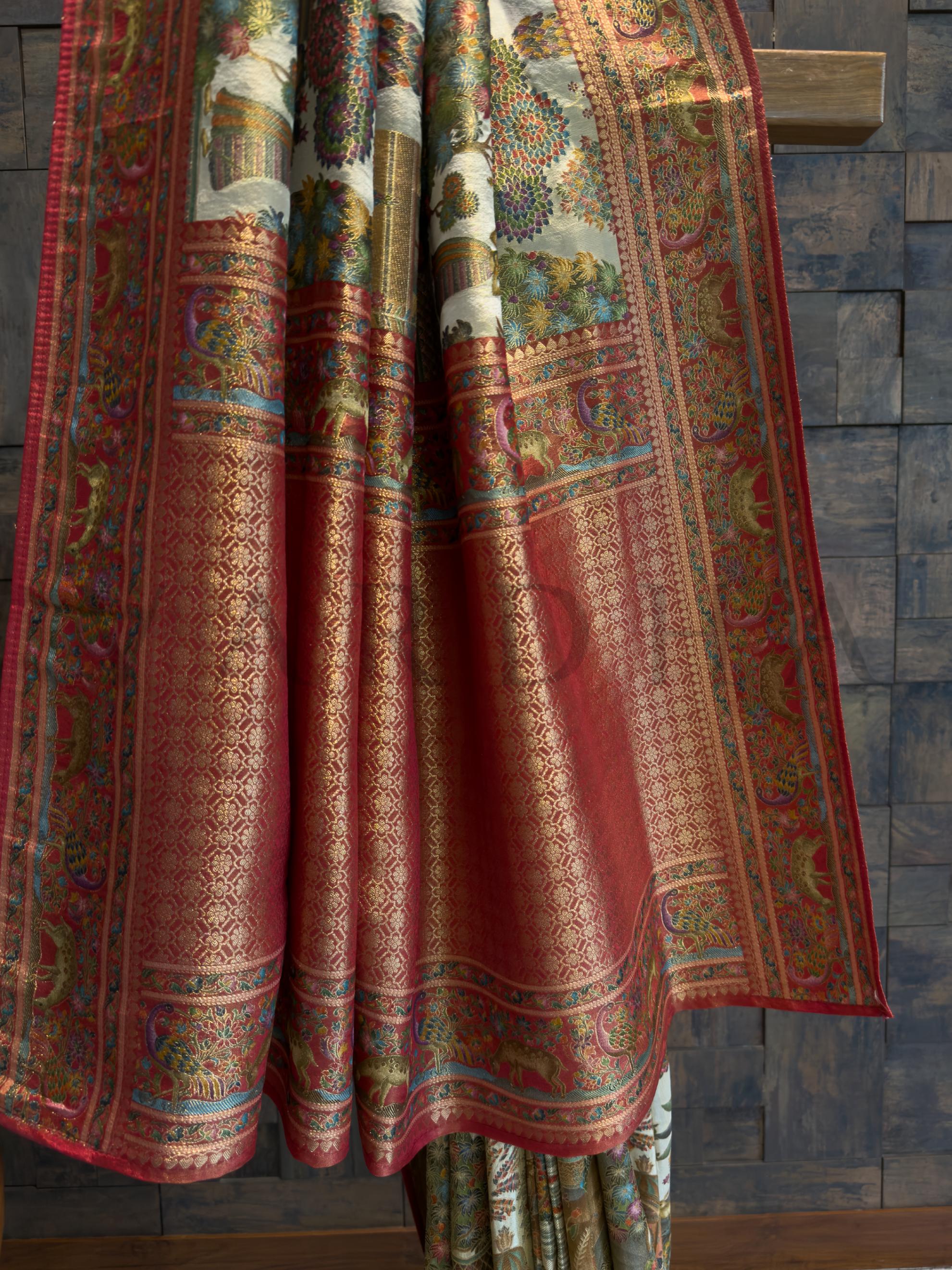 Off-White Mughal Motif Banarasi Katan Silk Saree with Red Tissue Blouse - Image 5