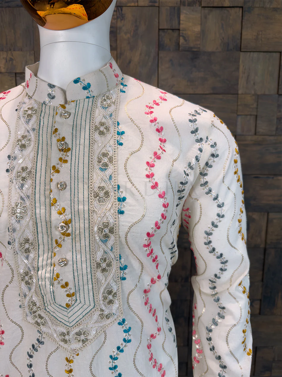 Off-White Pure Cotton Kurta with Multi-Color Wavy Embroidery & Lace Placket - Image 4