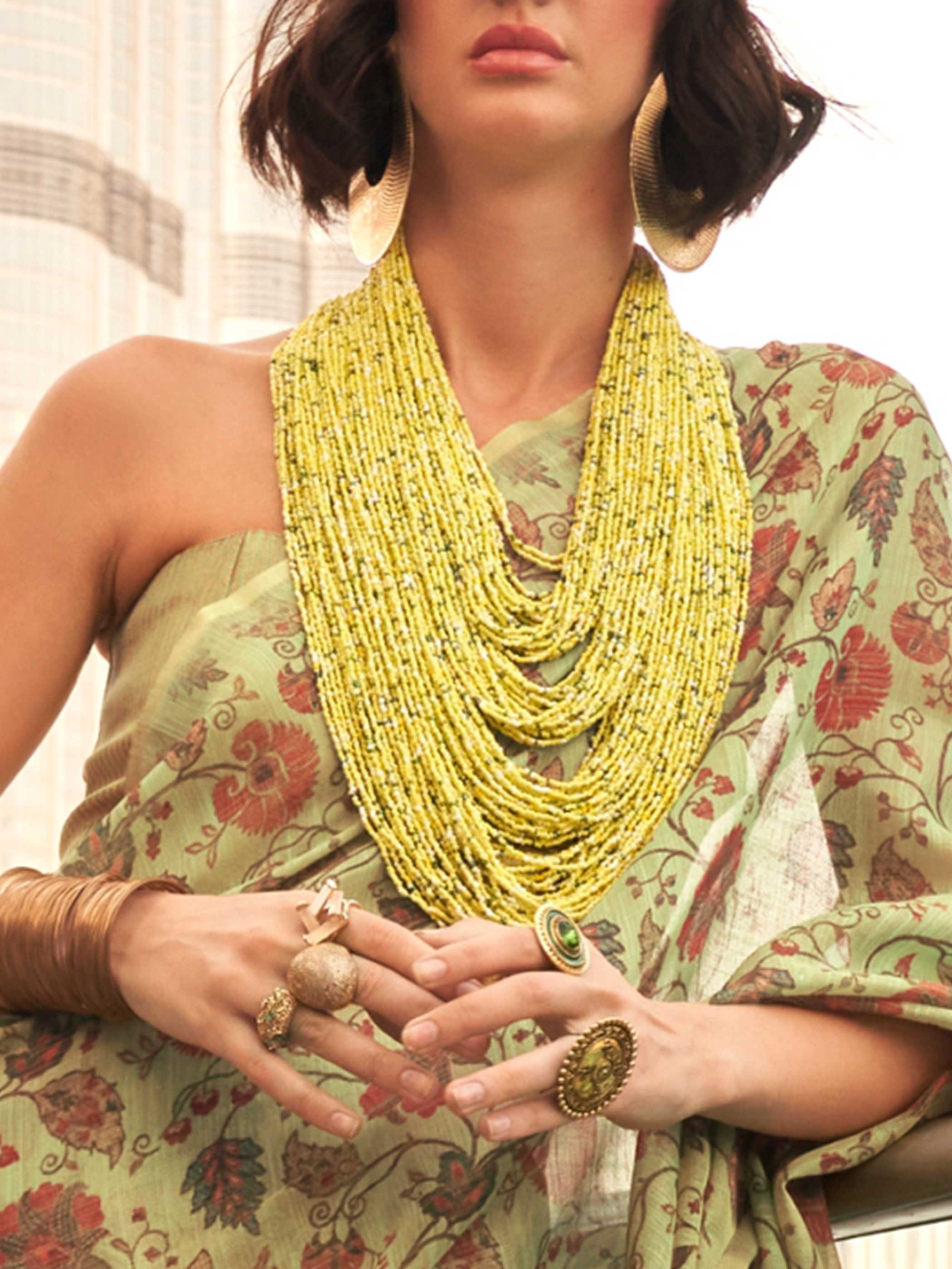Olive Green-Mustard Saree in Handwoven Zari Tissue Featuring Floral Print - Image 4