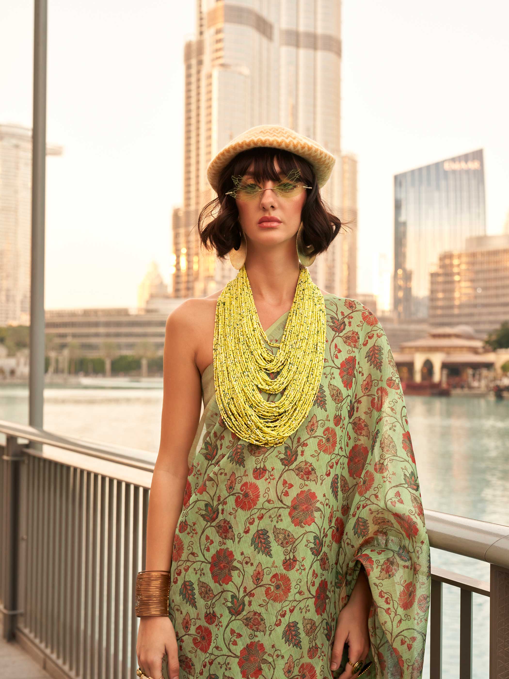 Olive Green-Mustard Saree in Handwoven Zari Tissue Featuring Floral Print - Image 5
