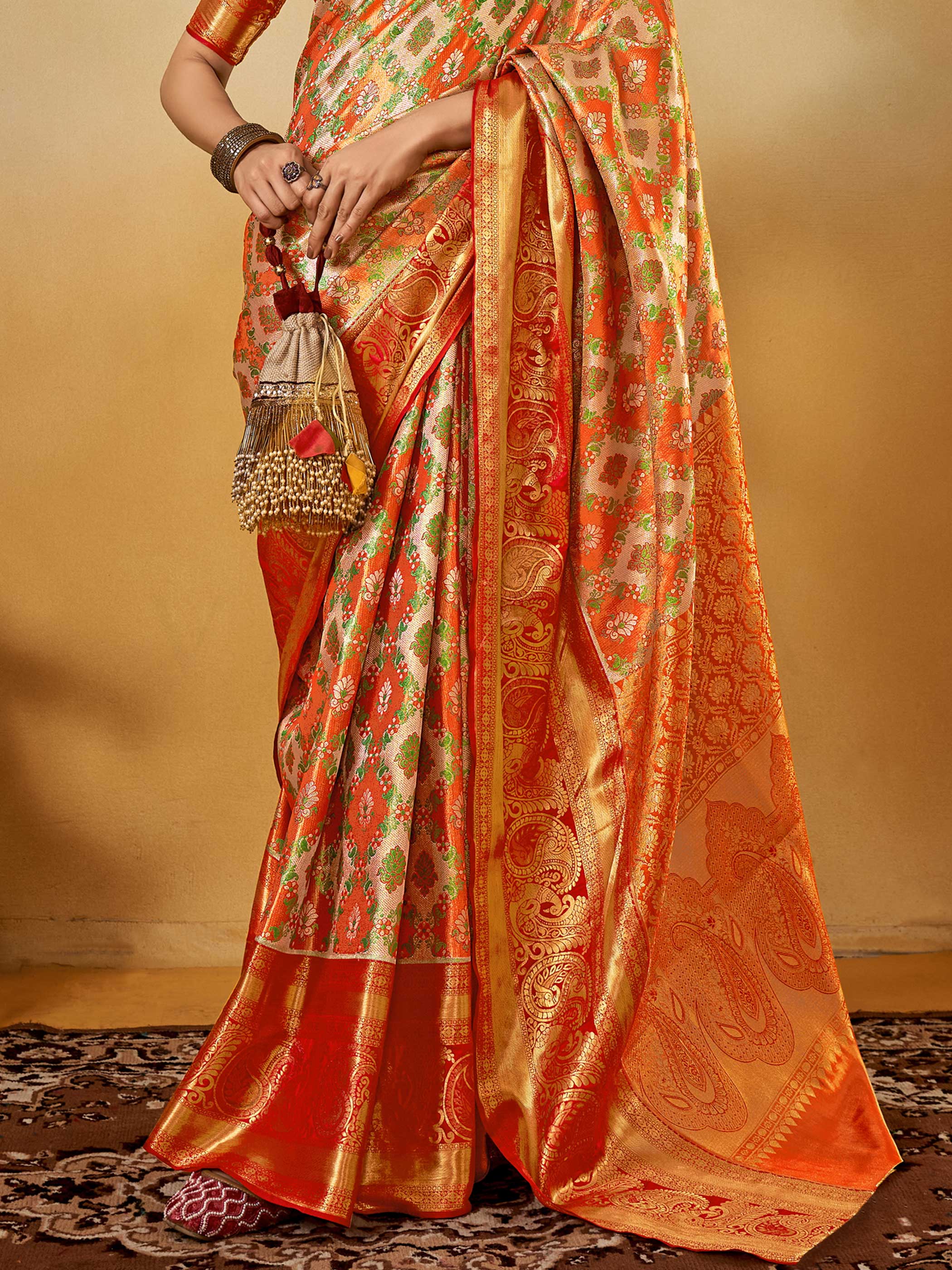Orange Banarasi Satin Silk Saree with Zari Work & Parrot Motifs - Image 3