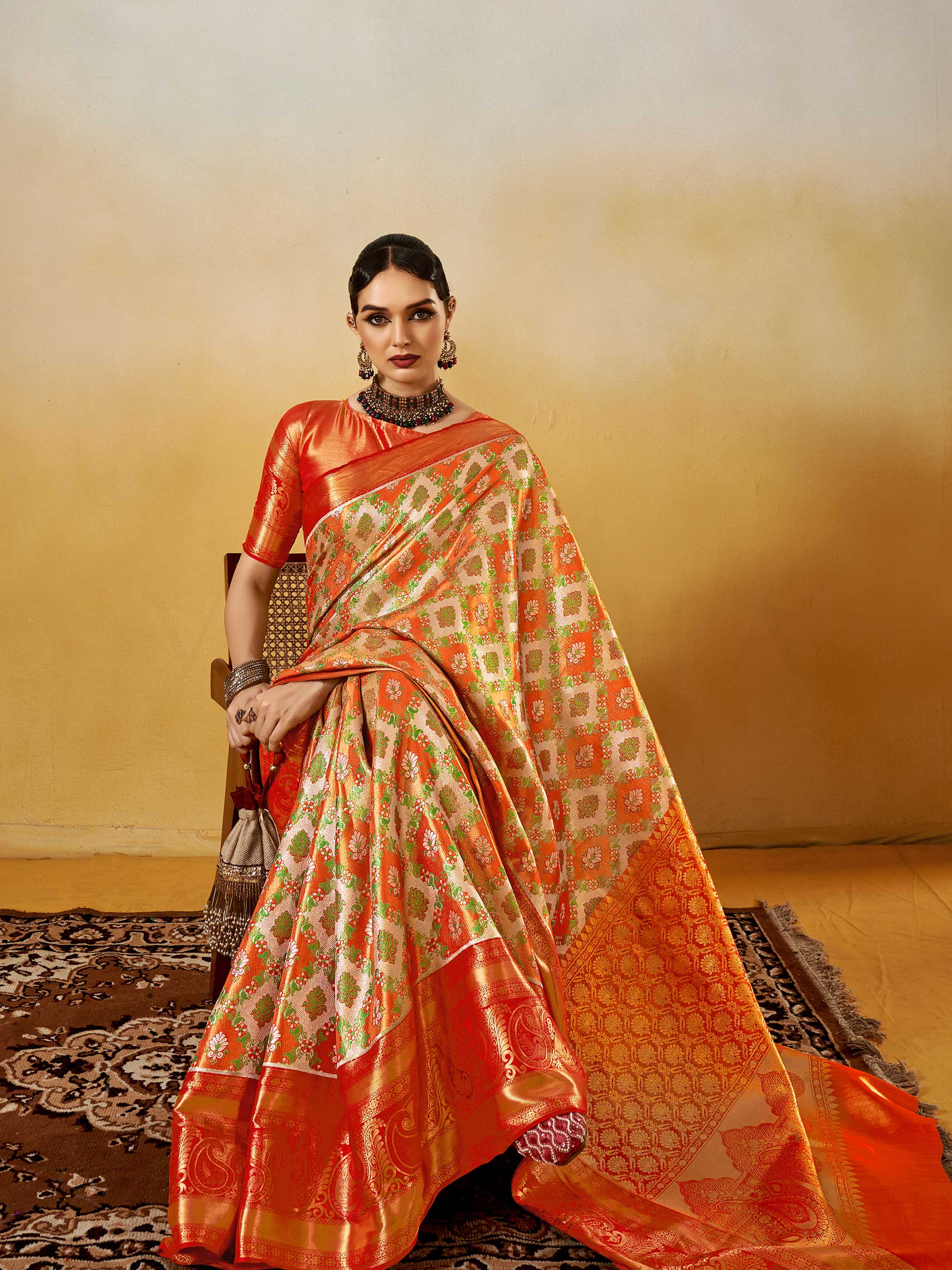 Orange Banarasi Satin Silk Saree with Zari Work & Parrot Motifs - Image 5