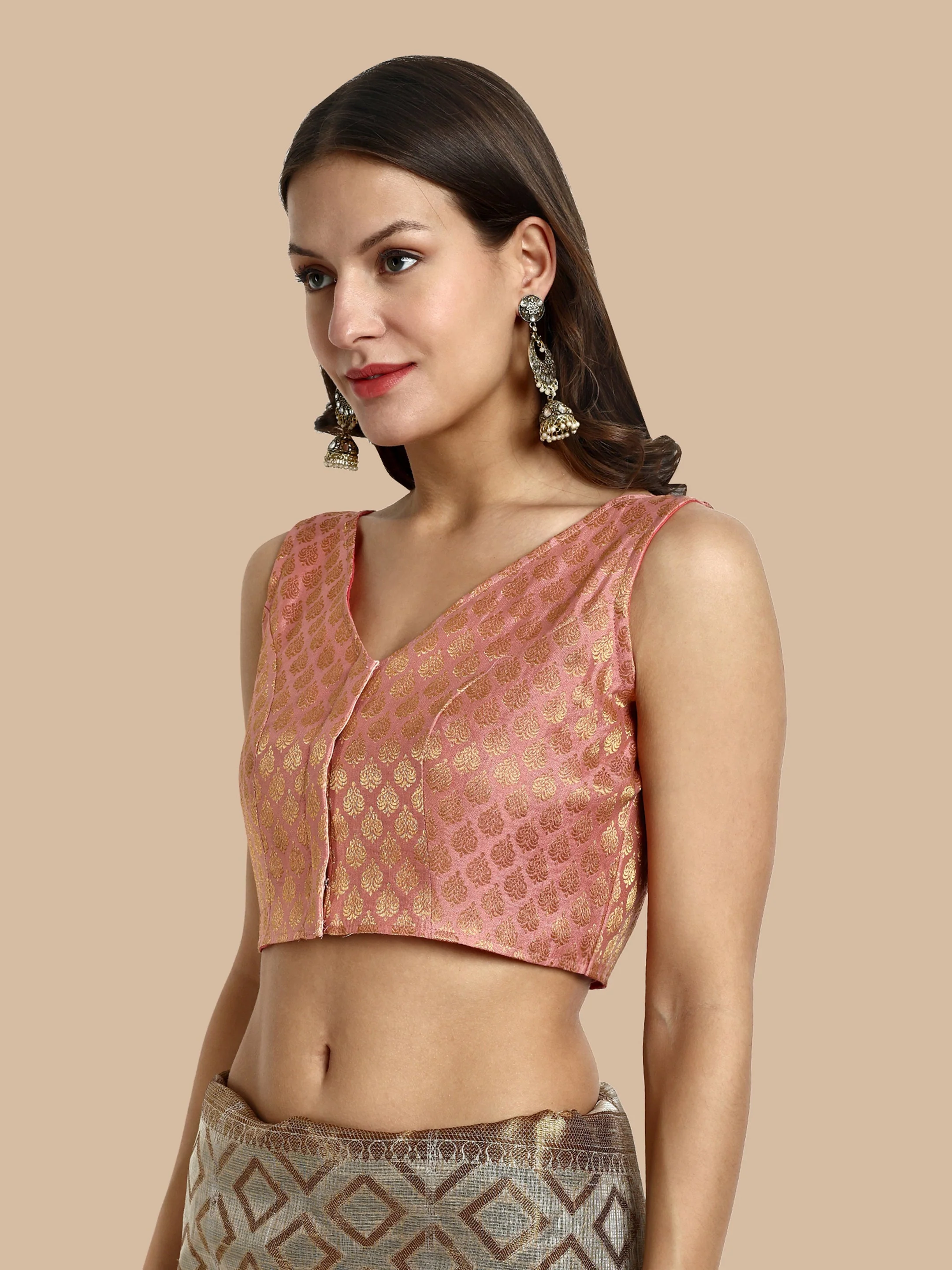 Pastel Pink V-Neck Sleeveless Brocade Blouse - Image 3