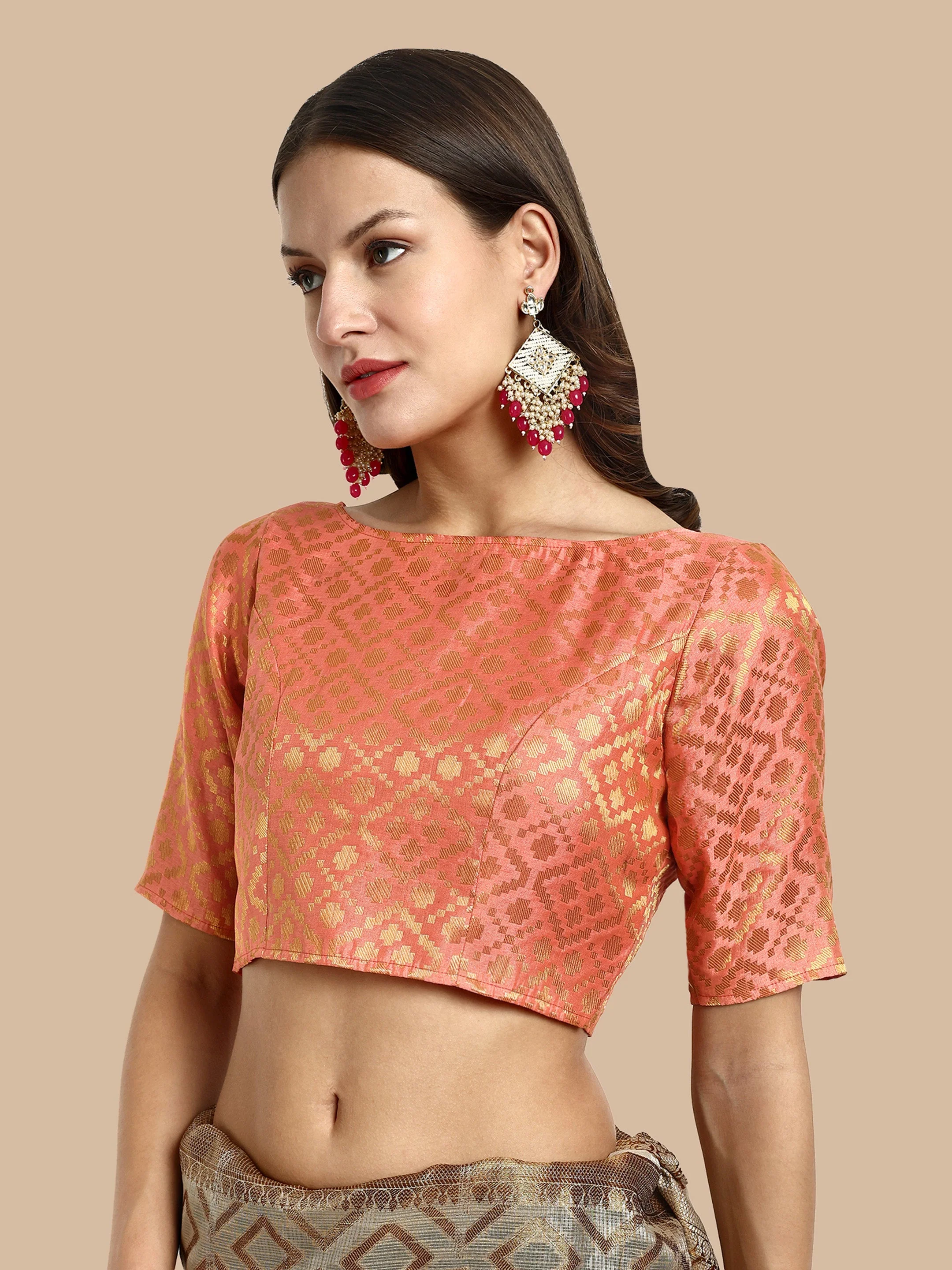 Peach Boat Neck Brocade Blouse - Image 3