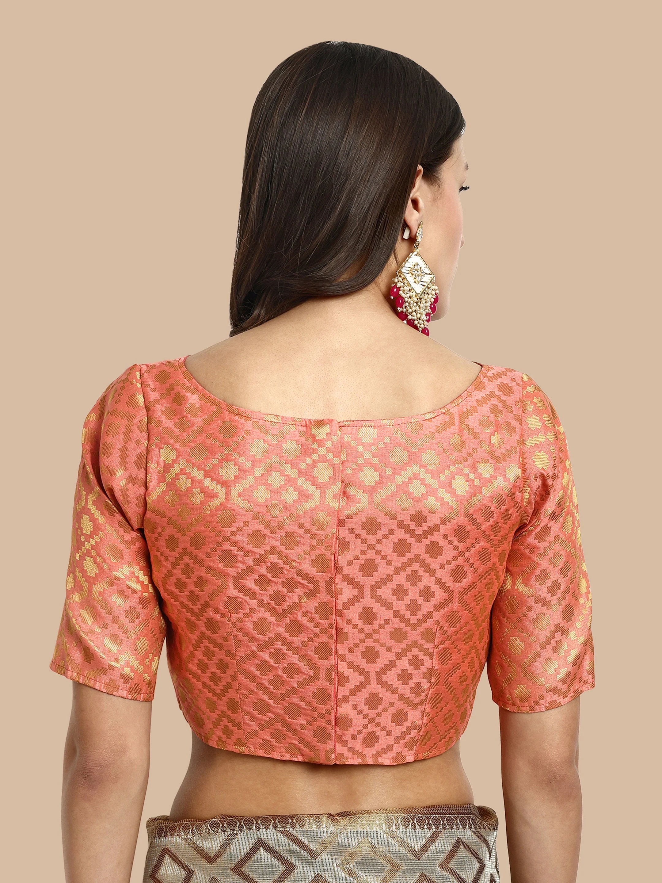 Peach Boat Neck Brocade Blouse - Image 4