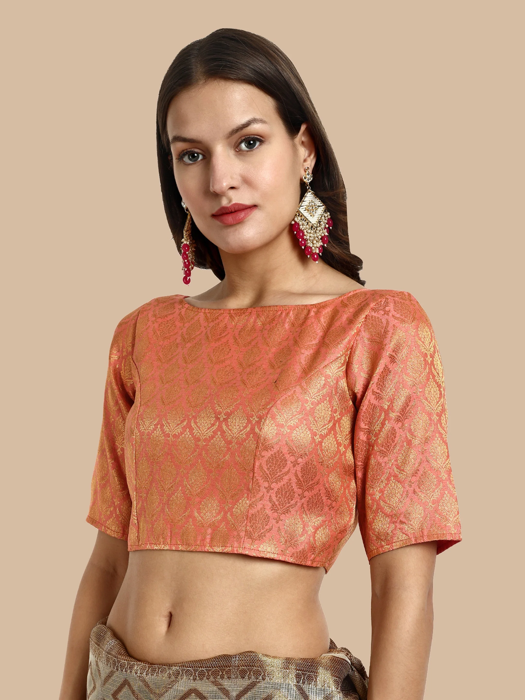 Peach Boat Neck Brocade Blouse - Image 3