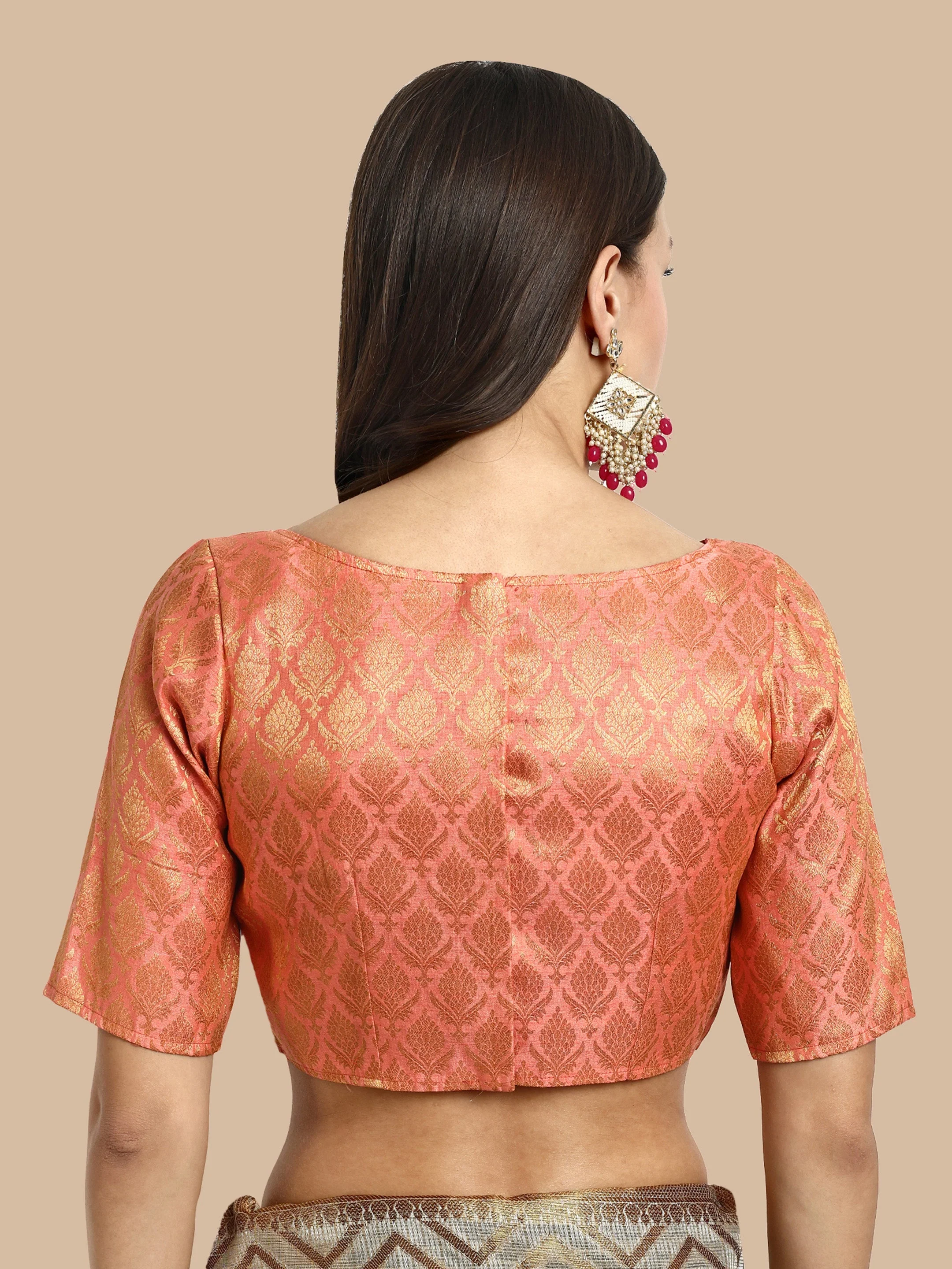 Peach Boat Neck Brocade Blouse - Image 4