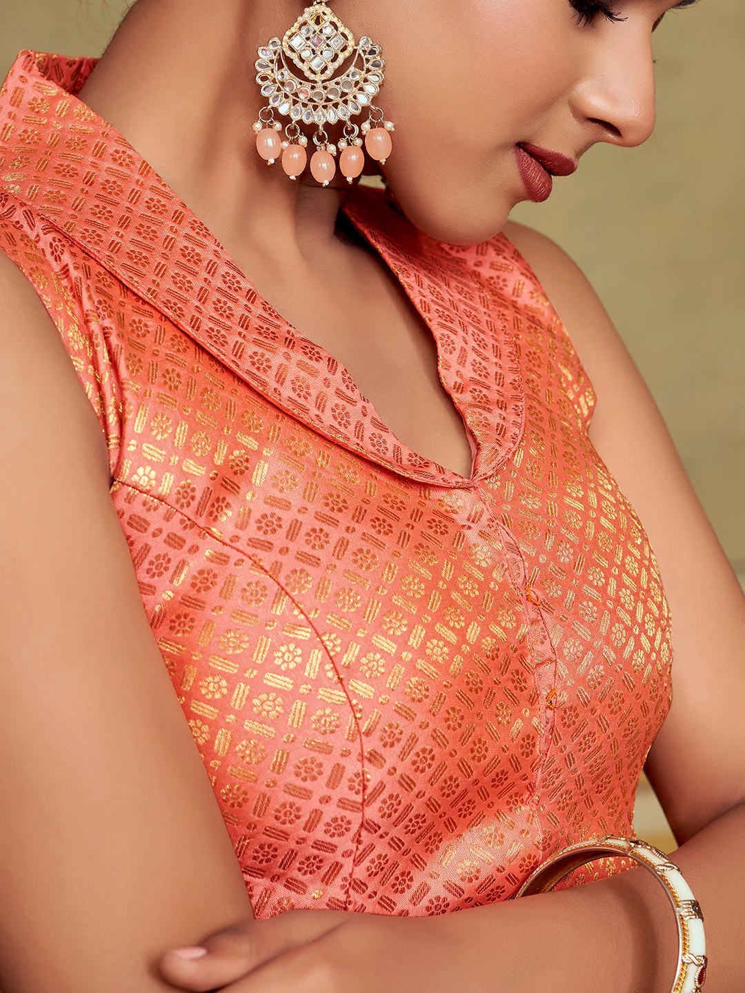 Peach Collar Neck Sleeveless Padded Blouse with Gold Zari - Image 2