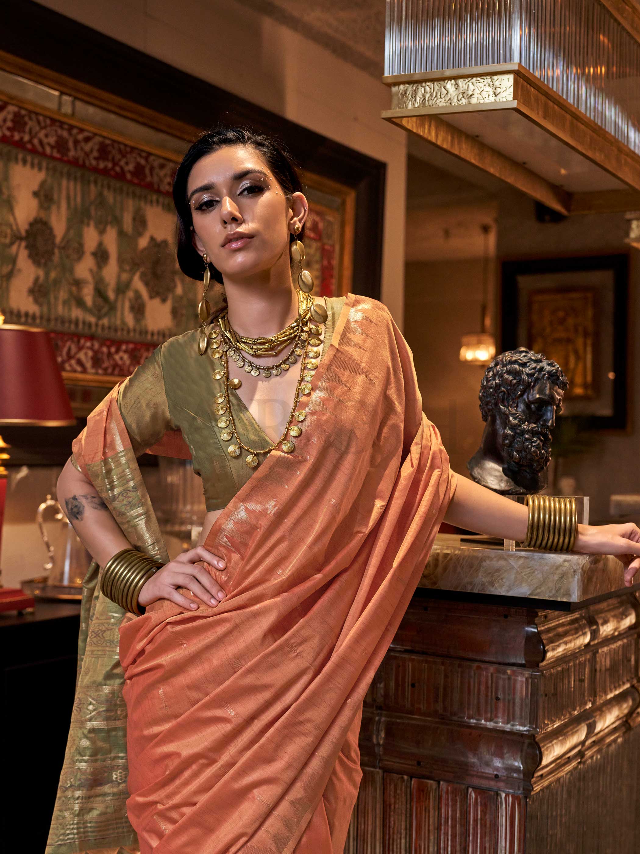 Peach Orange Feathersoft Raw Silk Banarasi Saree with Ikat Design - Image 5