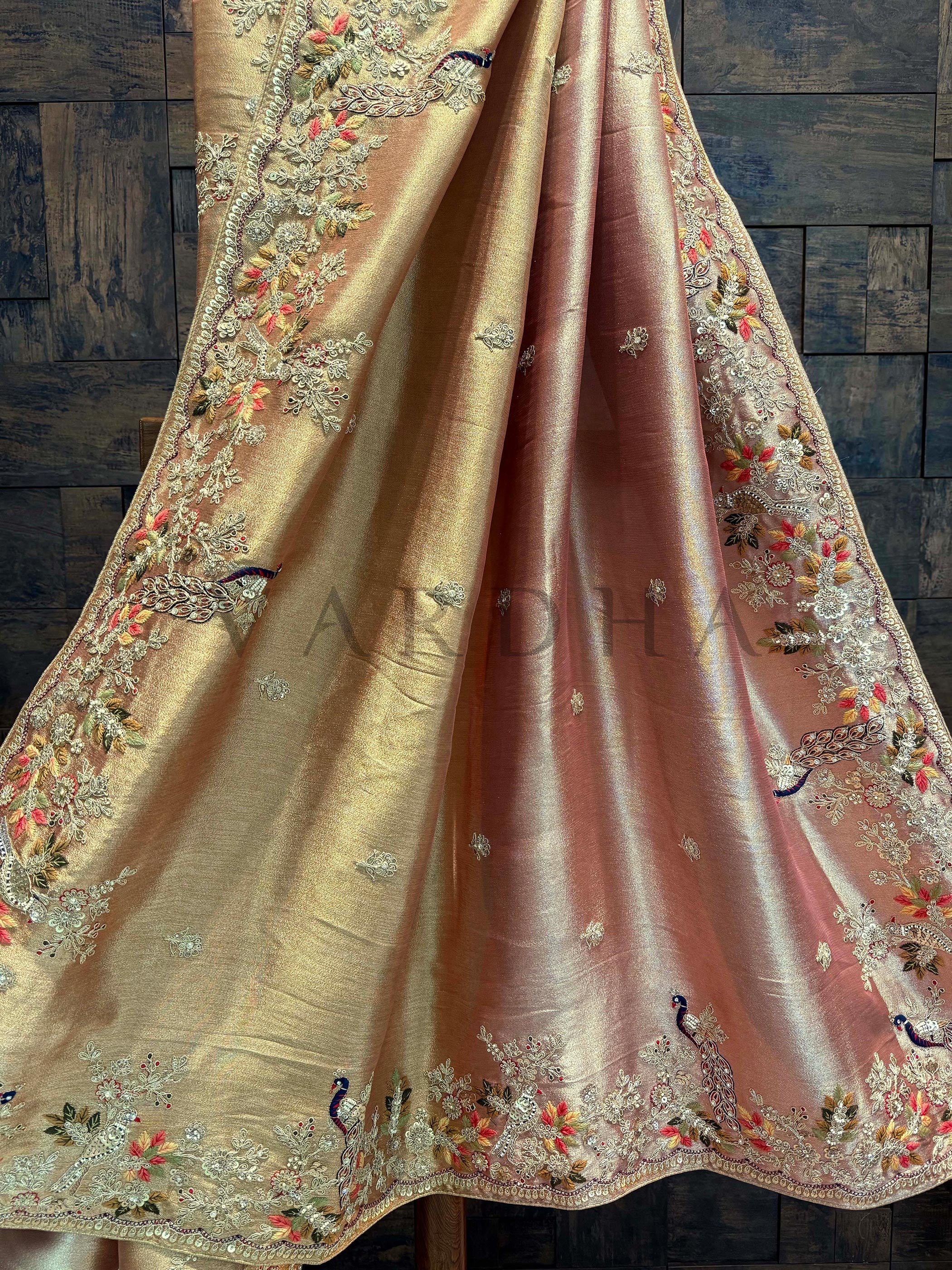 Peach-Pink Tissue Silk Saree with Zari Weaving & Hand Work - Image 3