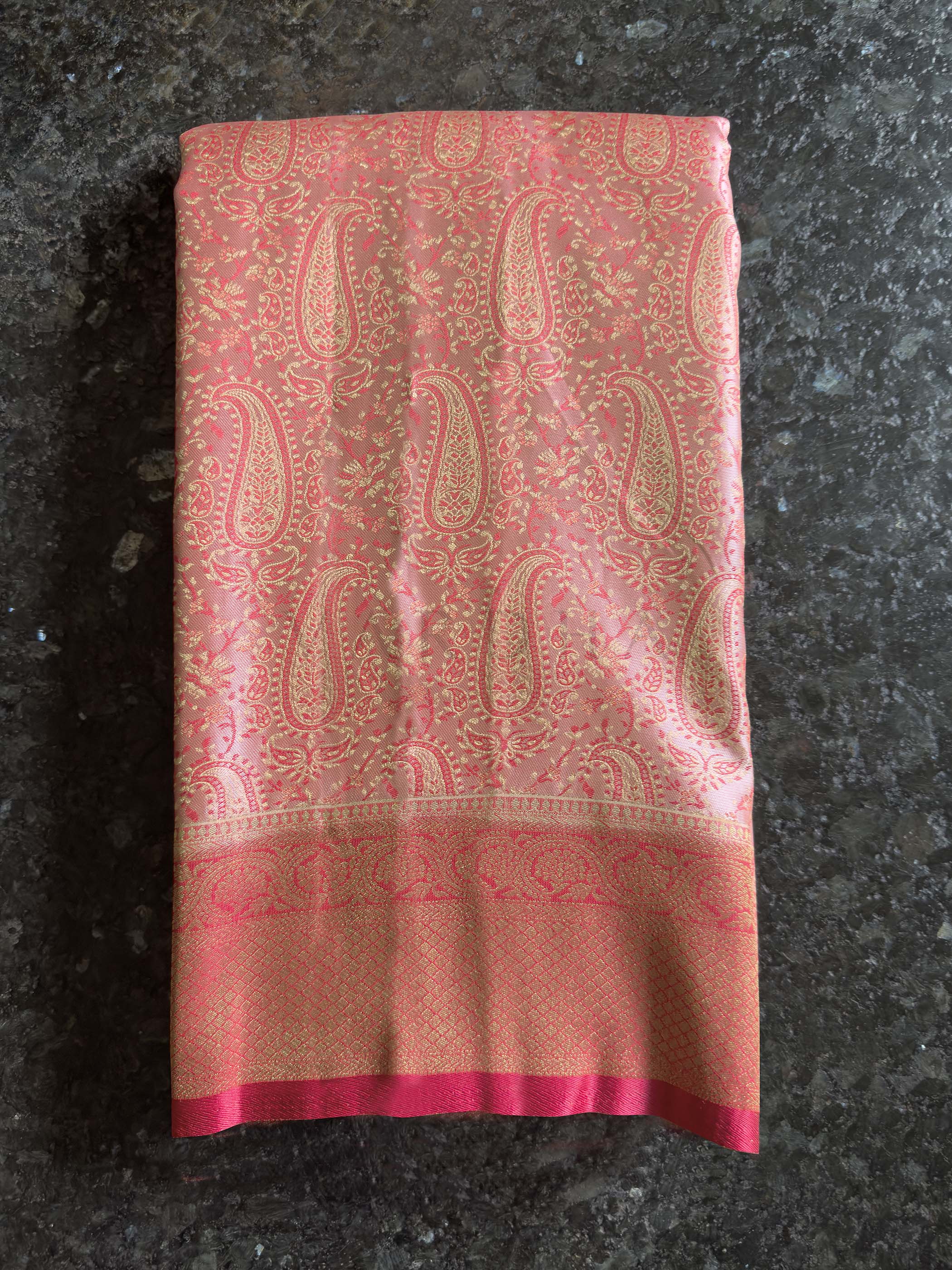 Peach-Pink Tanchoi Satin Silk Saree with Zari Work - Image 5