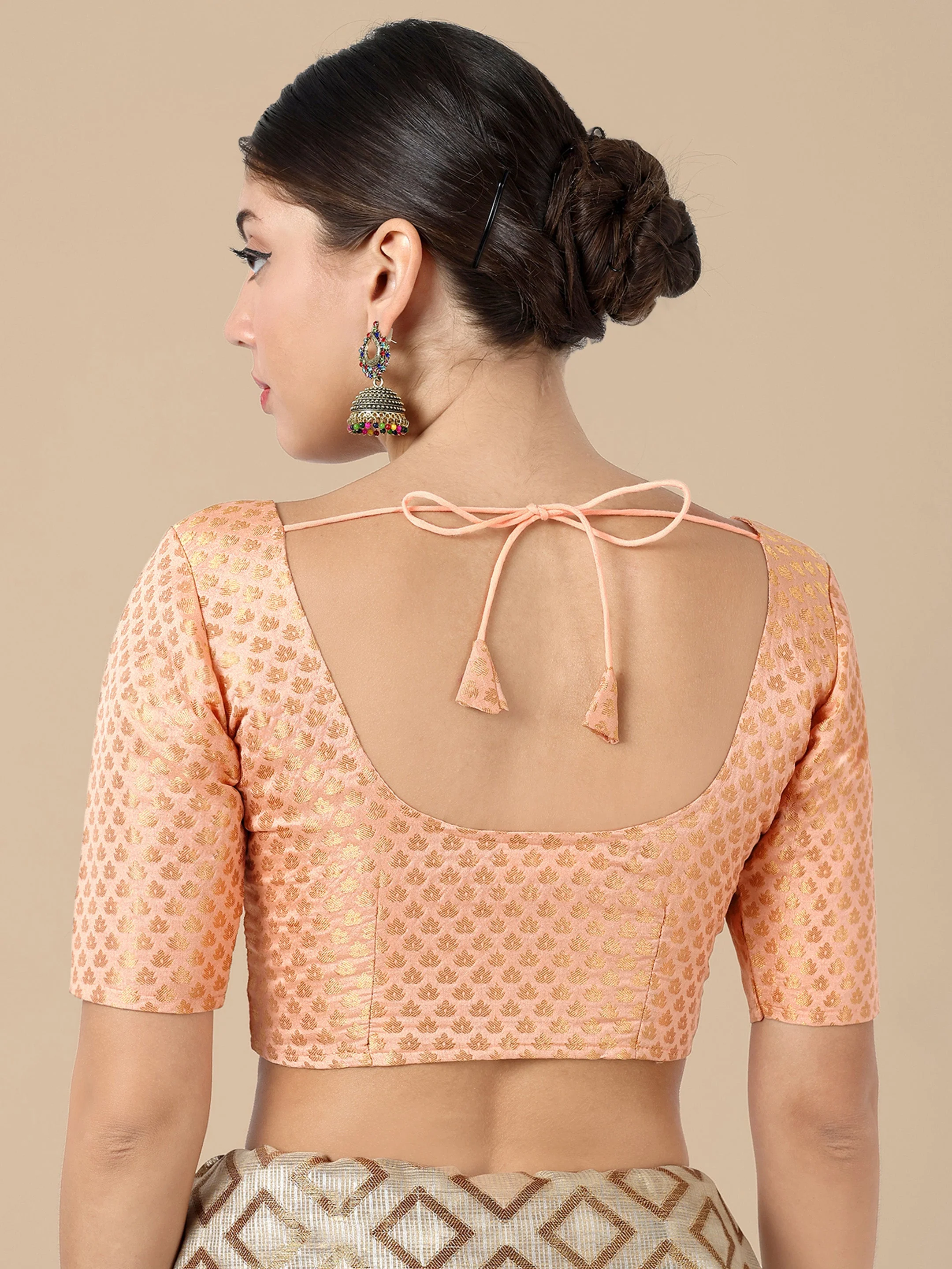 Peach Round Neck Brocade Blouse - Image 3