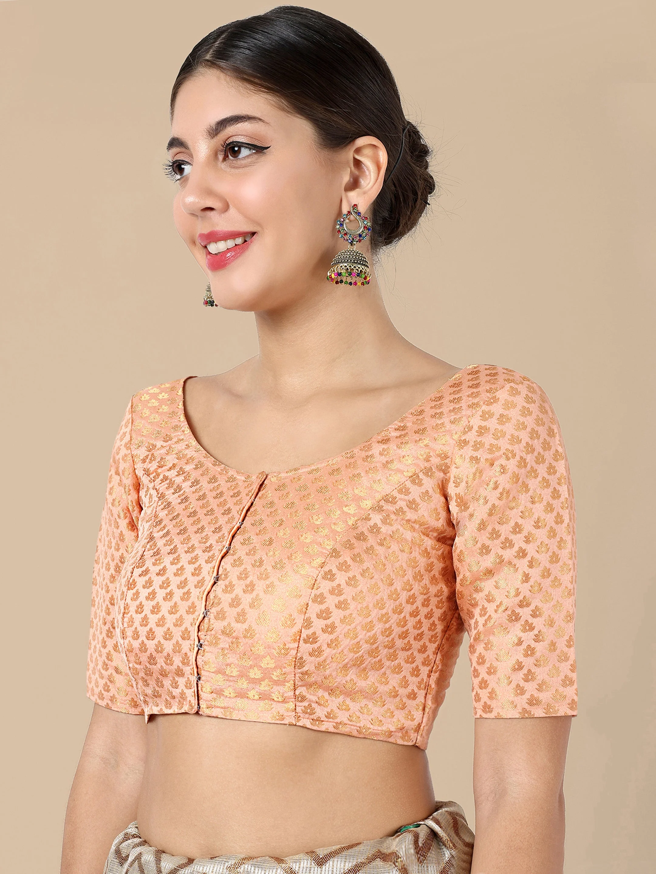 Peach Round Neck Brocade Blouse - Image 4
