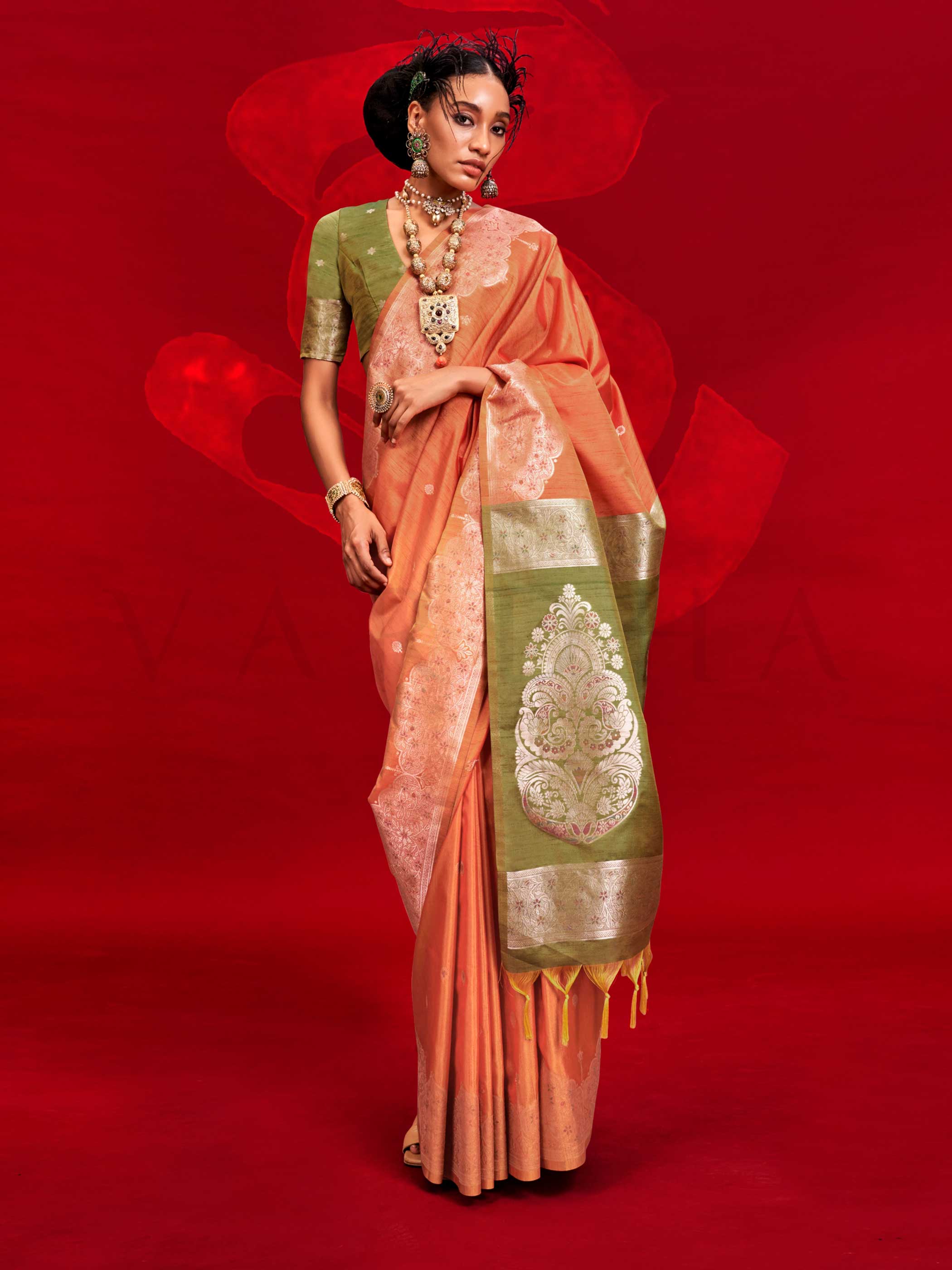 Peach Tussar Silk Handloom Saree with Gold Zari Pallu