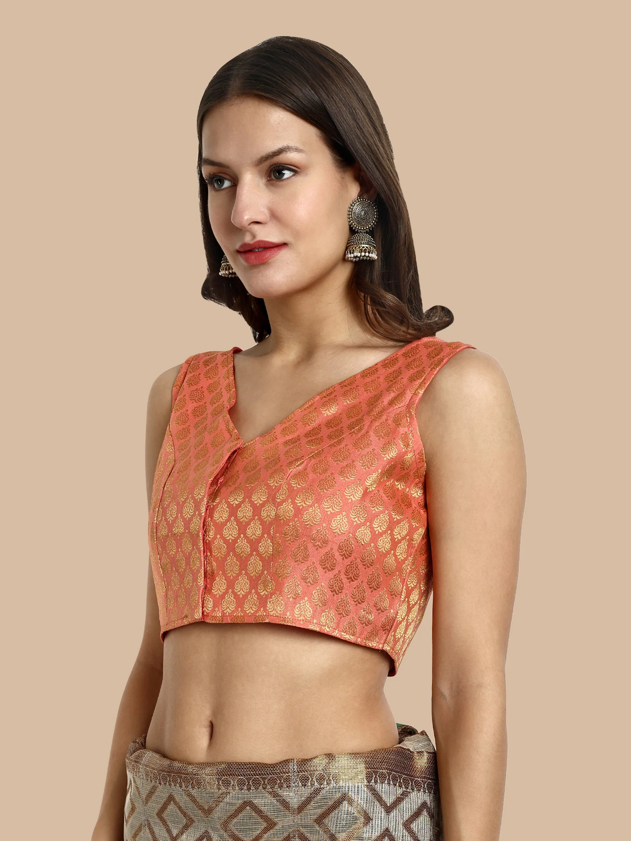 Peach V-Neck Sleeveless Brocade Blouse - Image 3