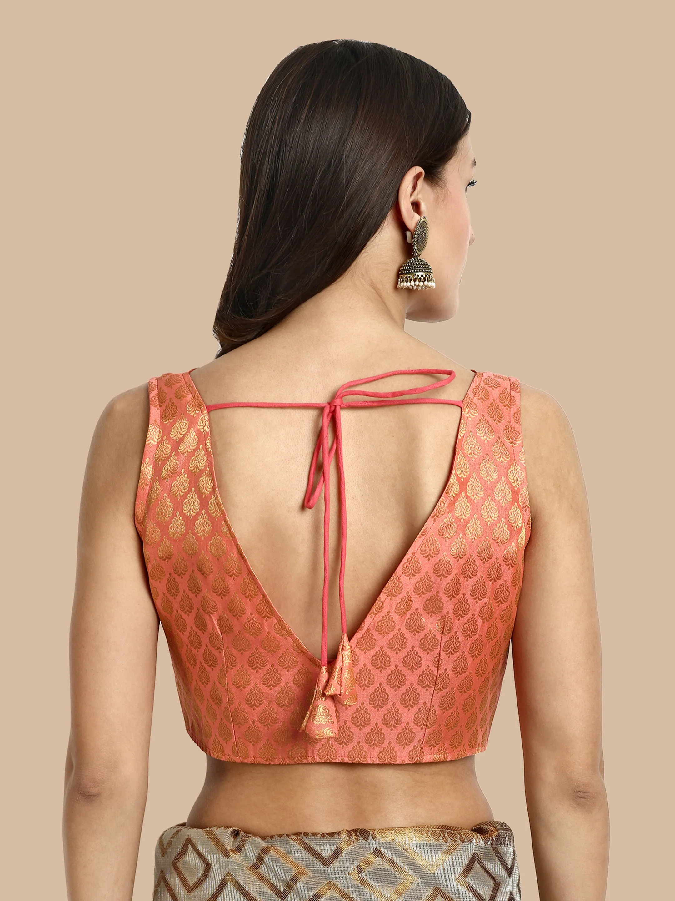 Peach V-Neck Sleeveless Brocade Blouse - Image 4