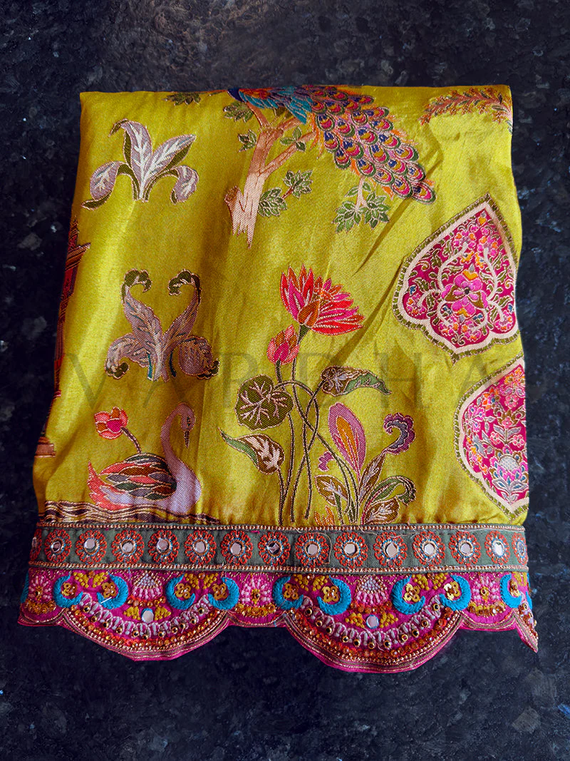 Picchwai Art Yellow Viscose Gaji Saree | Scalloped Border with Mirror & Zarkan Work - Image 5