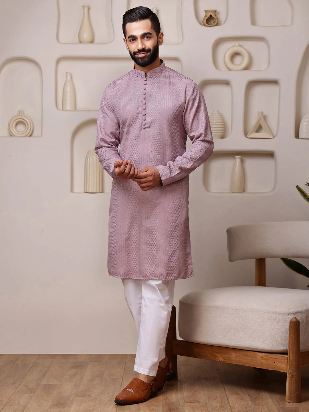 Pink Embroidered Kurta with Vertical Sequins Stripe - Image 4