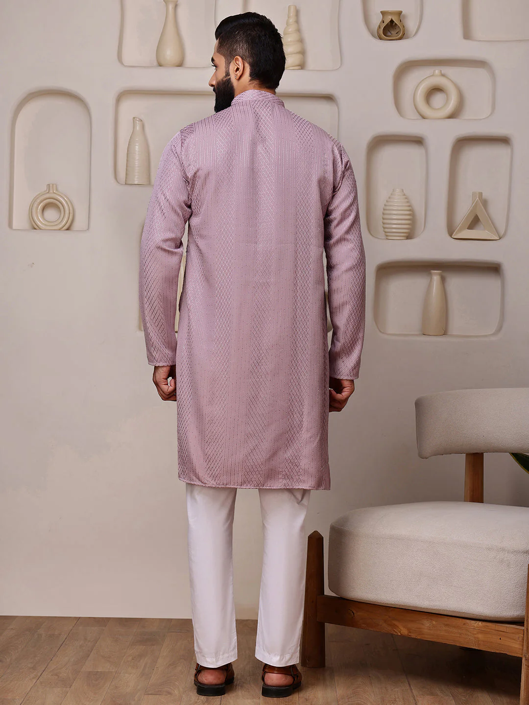 Pink Embroidered Kurta with Vertical Sequins Stripe - Image 5