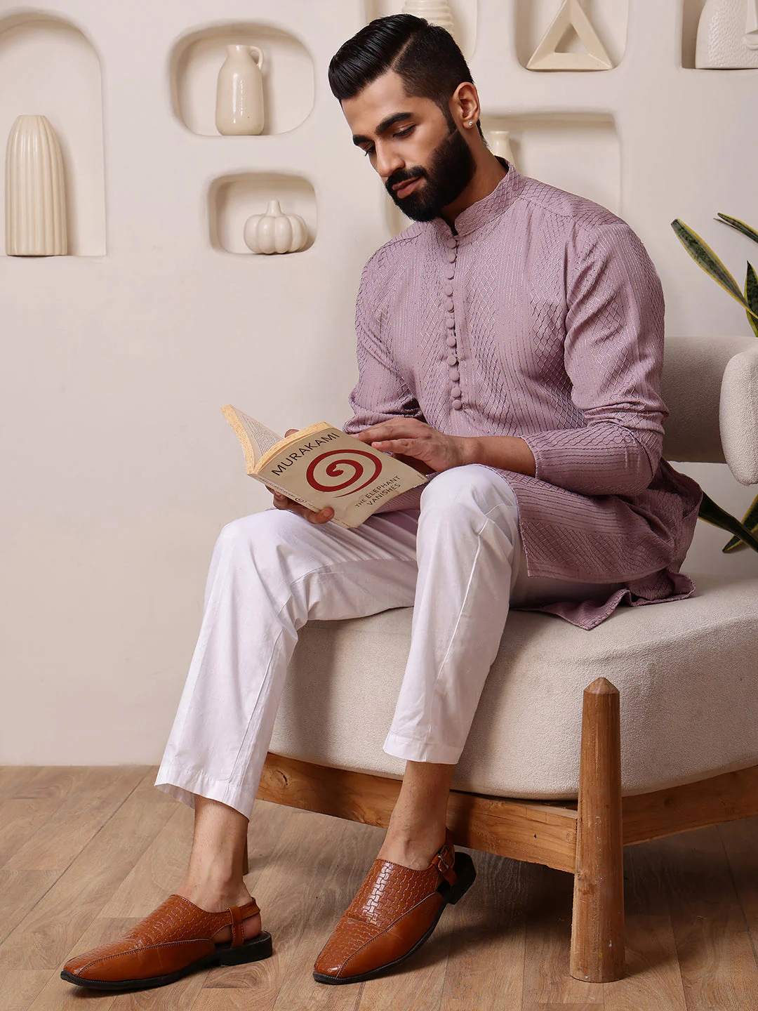 Pink Embroidered Kurta with Vertical Sequins Stripe - Image 6