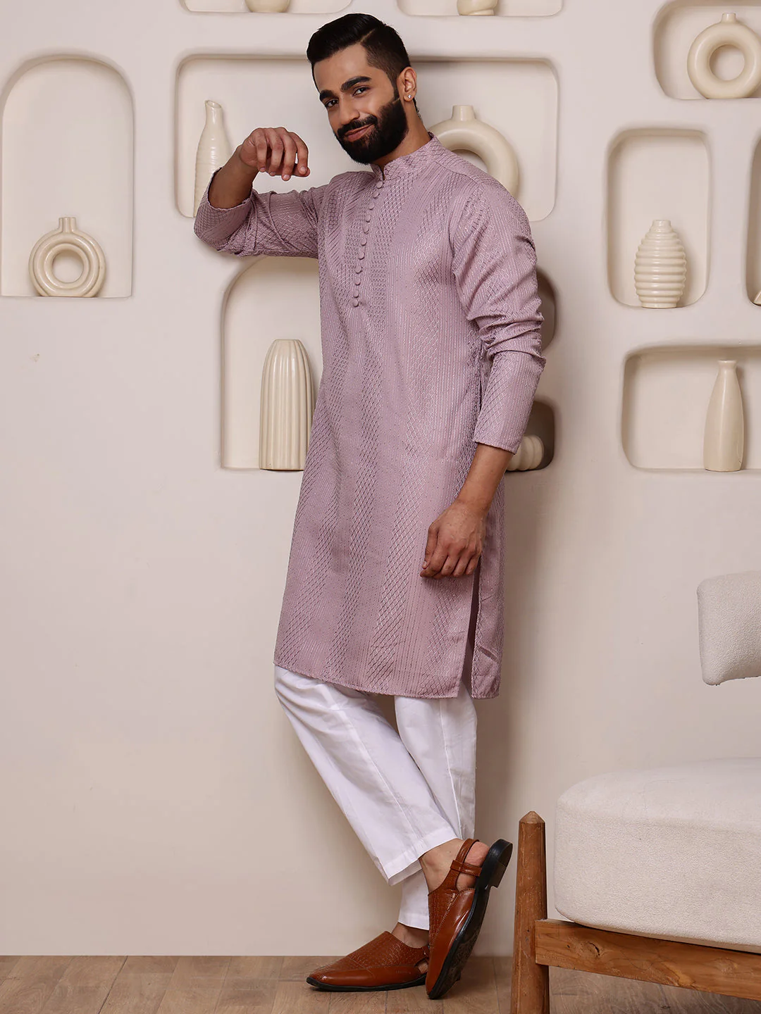 Pink Embroidered Kurta with Vertical Sequins Stripe - Image 7