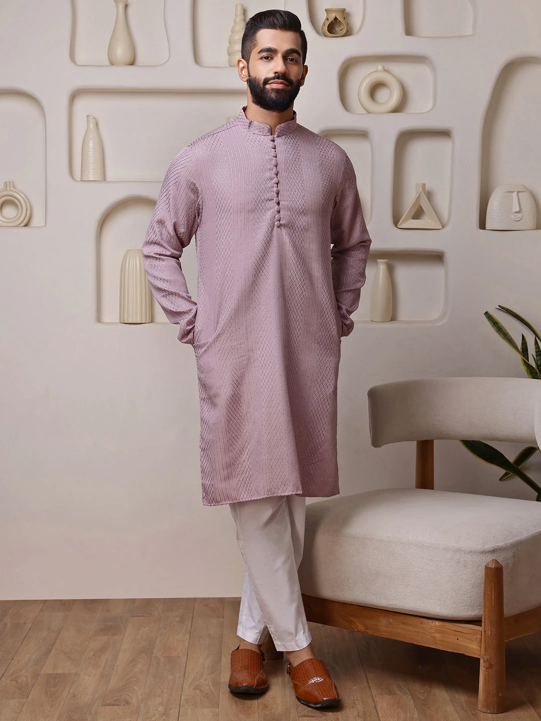 Pink Embroidered Kurta with Vertical Sequins Stripe - Image 8