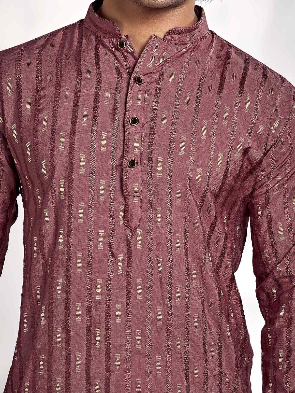 Pink Linear Striped & Diamond Viscose Woven Jacquard Men's Kurta - Image 4