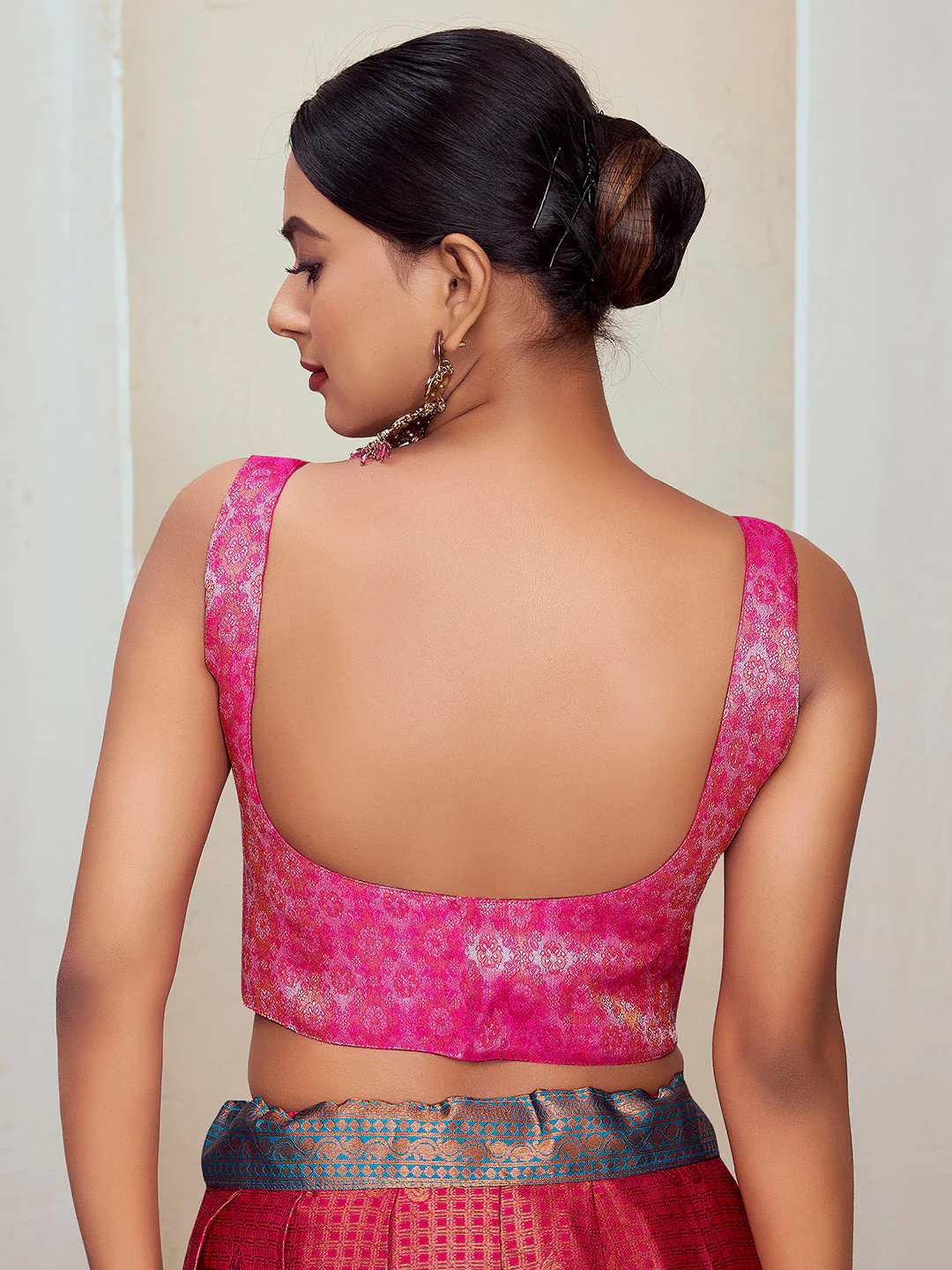Pink Round Neck Sleeveless Padded Blouse with Gold Zari - Image 4