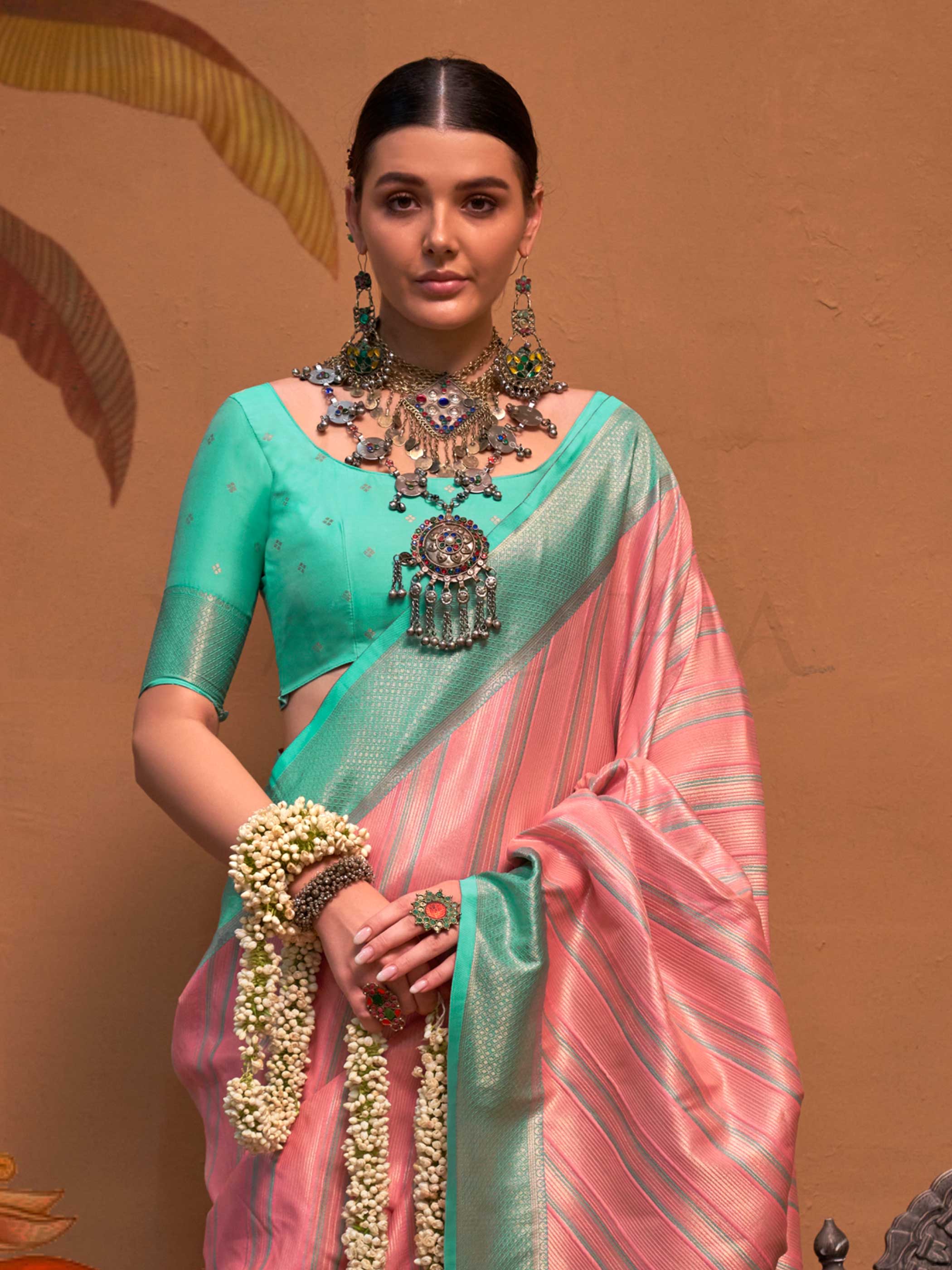 Pink–Sea Green Kanjivaram Silk Saree - Image 2