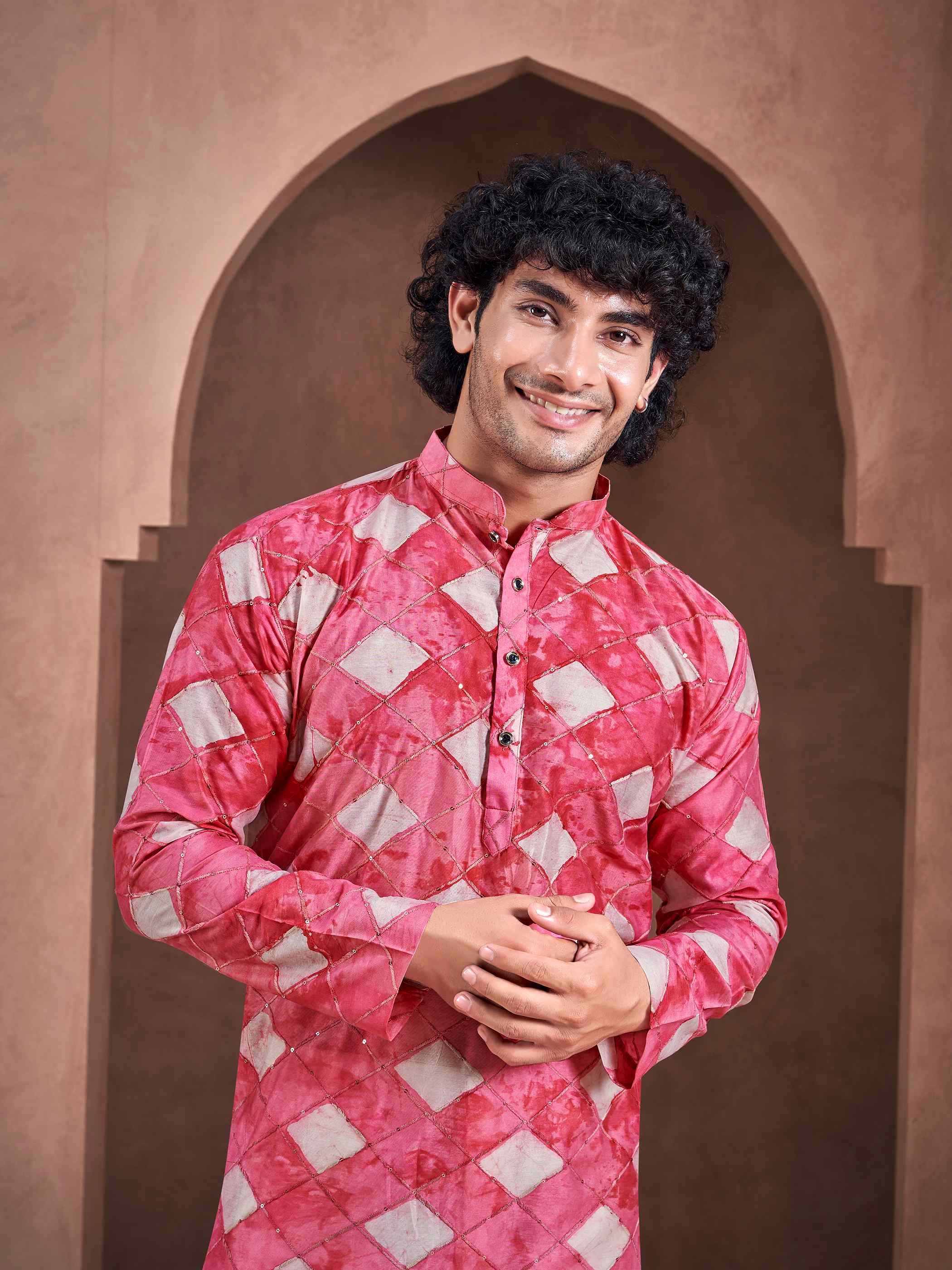 Pink Viscose Sequence Shibori Dyed Men's Kurta - Image 5