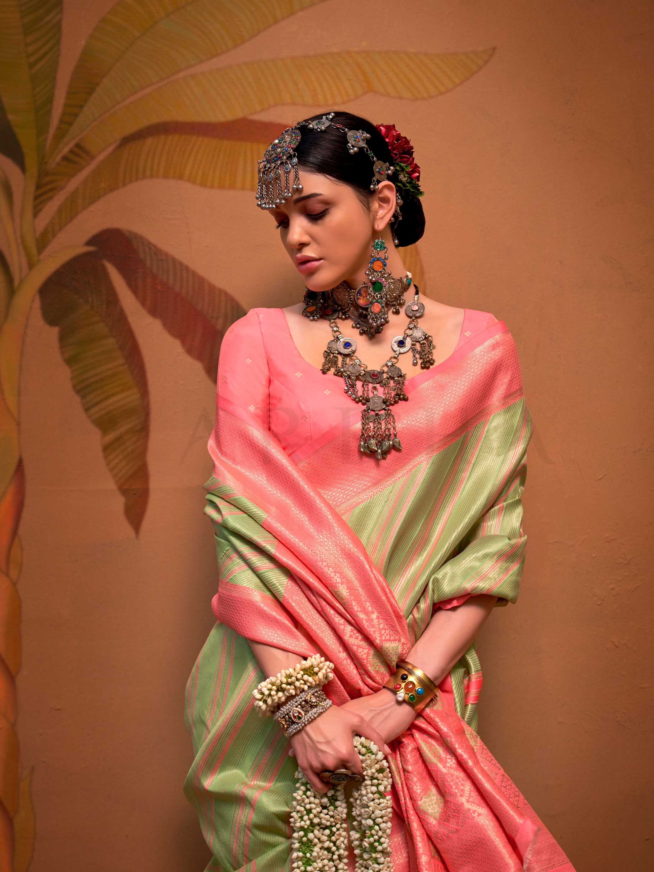 Pista Green–Peach Kanjivaram Silk Saree - Image 5