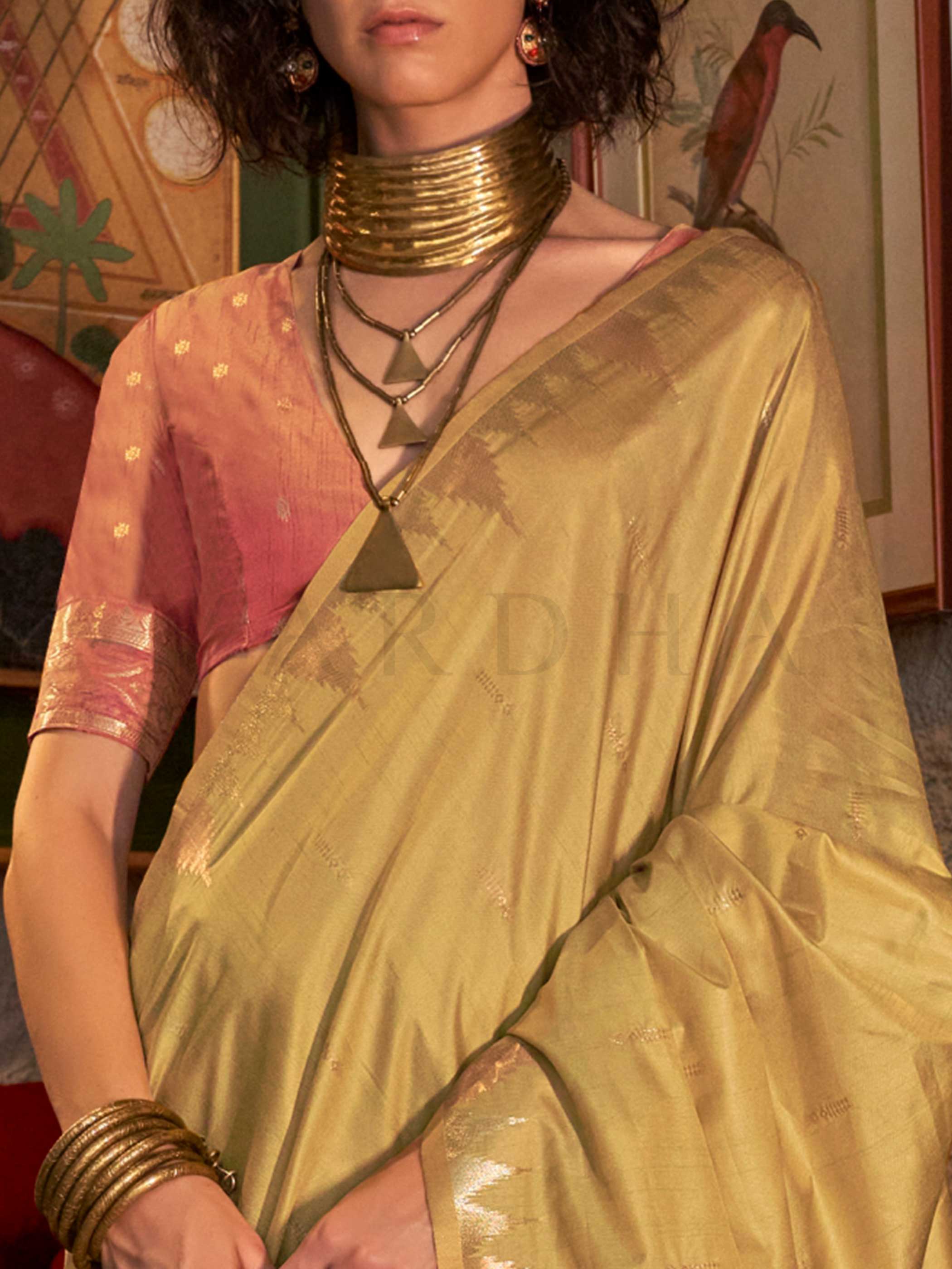 Pistachio Green Feathersoft Raw Silk Banarasi Saree with Ikat Design - Image 4