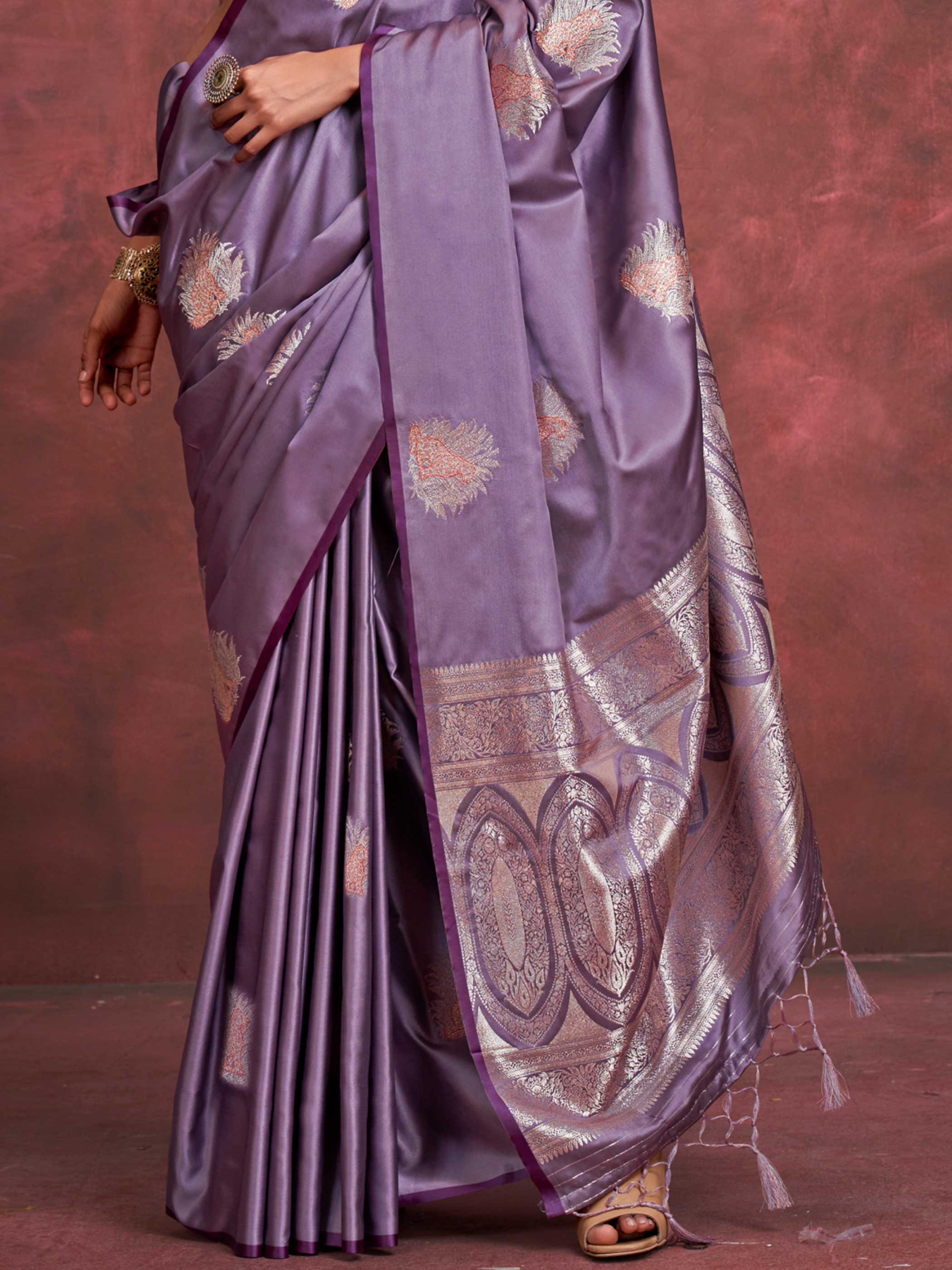 Plum Lavender Satin Silk Saree with Woven Zari Work - Image 3