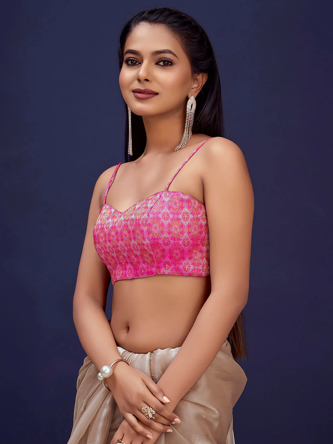 Pink Sweetheart Neck Sleeveless Padded Blouse with Gold Zari - Image 3