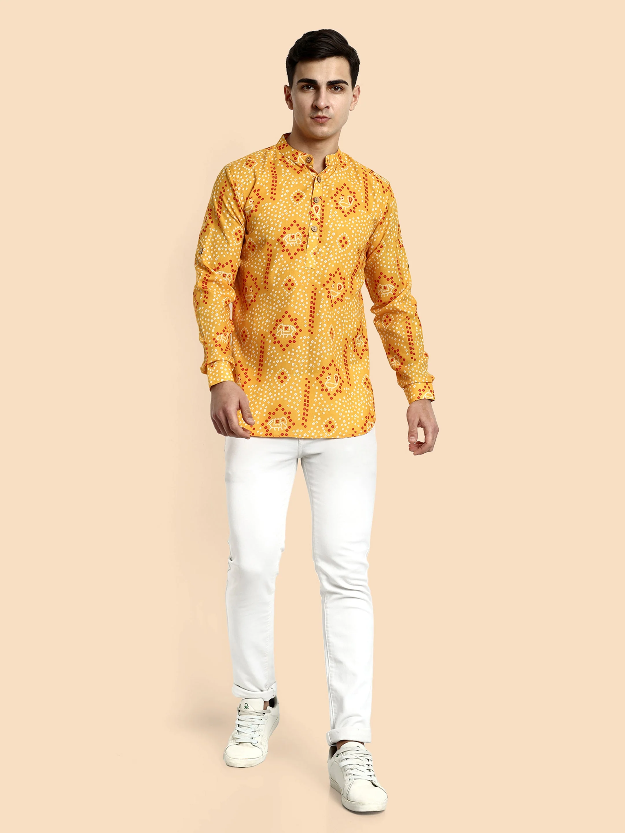 Yellow Printed Men's Short Kurta - Image 3