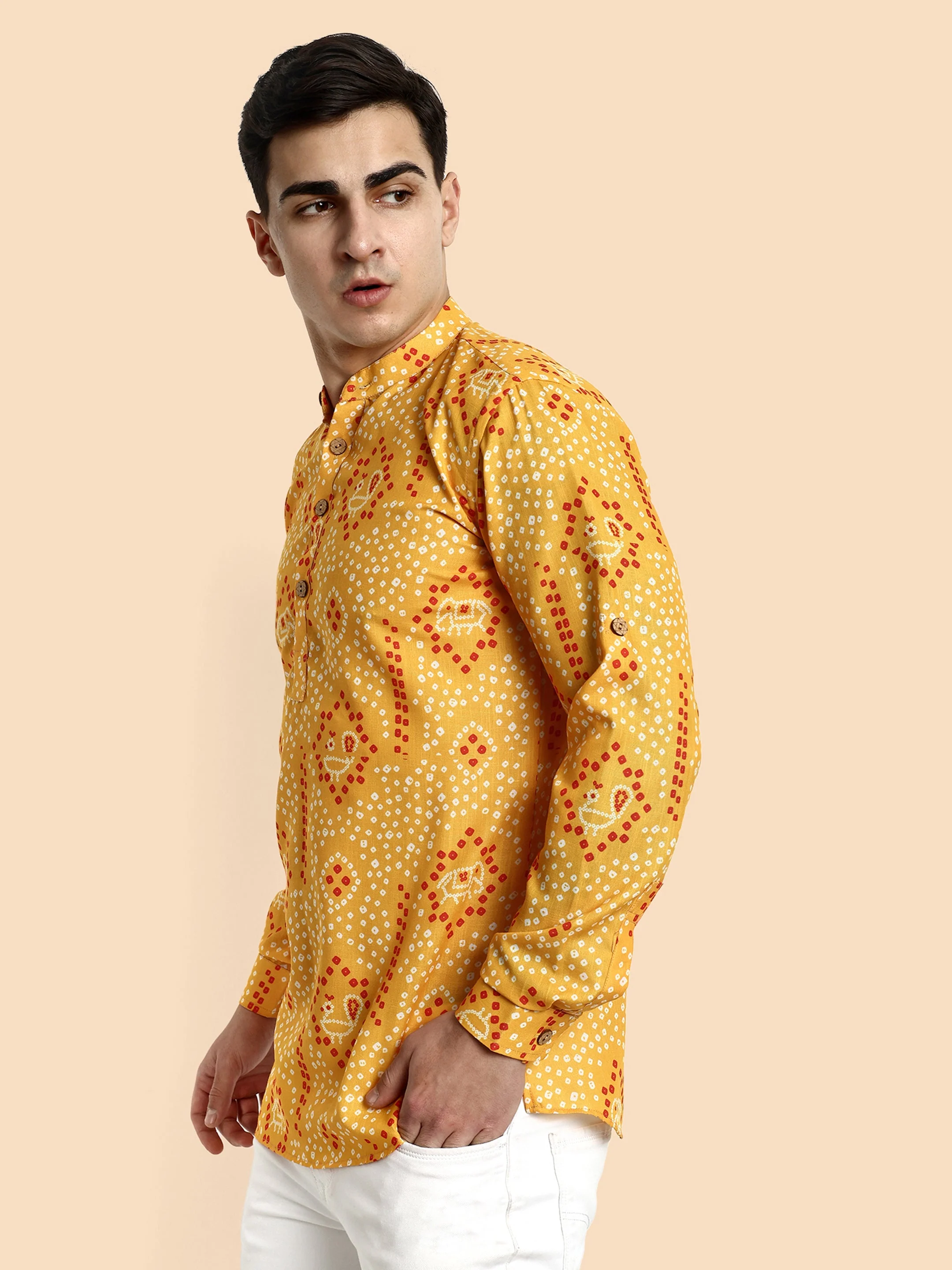 Yellow Printed Men's Short Kurta - Image 4
