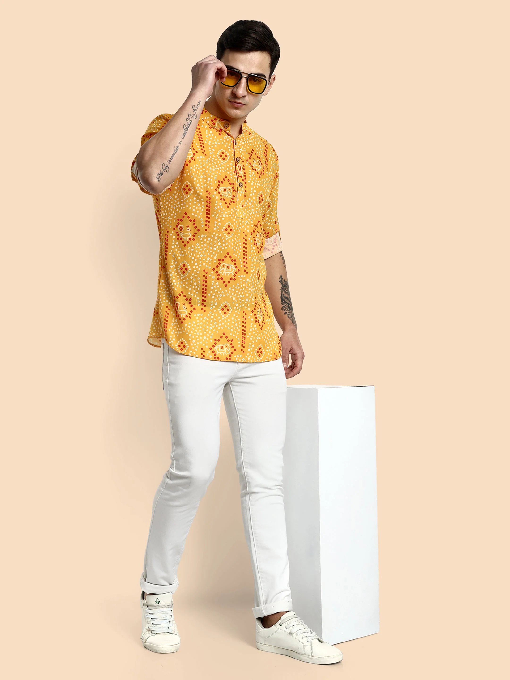 Yellow Printed Men's Short Kurta - Image 6