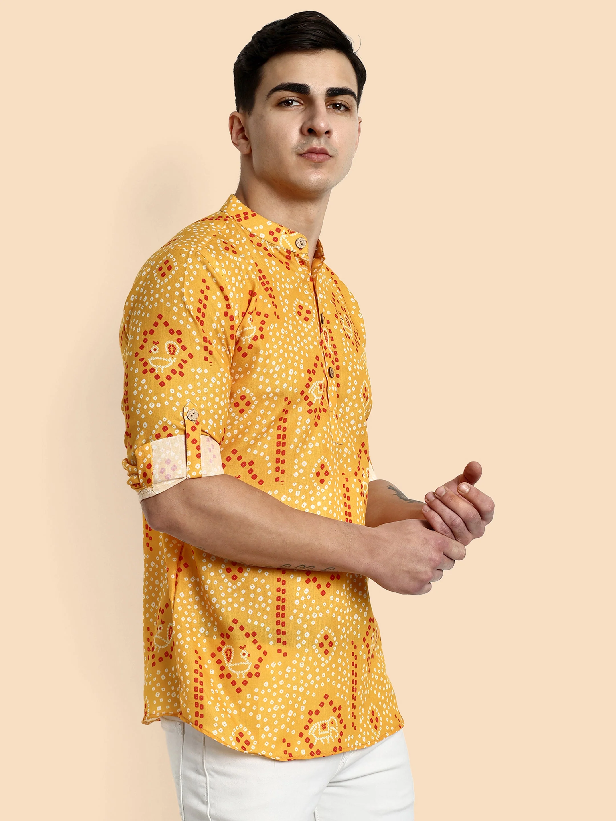 Yellow Printed Men's Short Kurta - Image 7