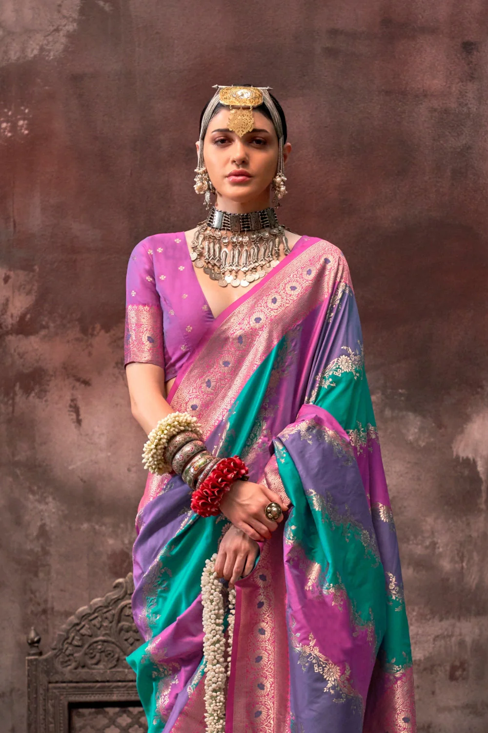 Purple–Aqua Blue Satin Silk Saree - Image 3