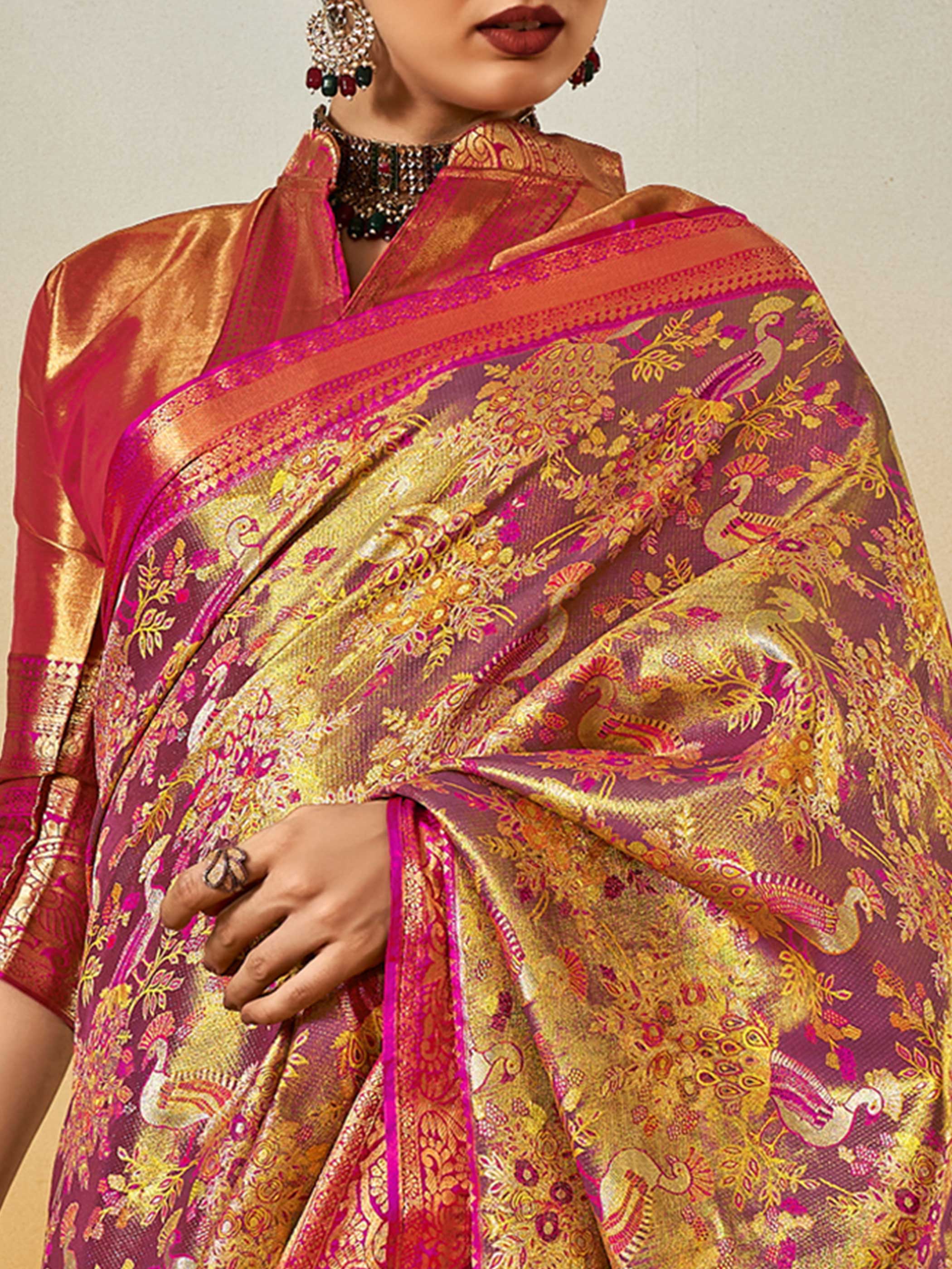 Purple Banarasi Satin Silk Saree with Zari Work & Parrot Motifs - Image 4