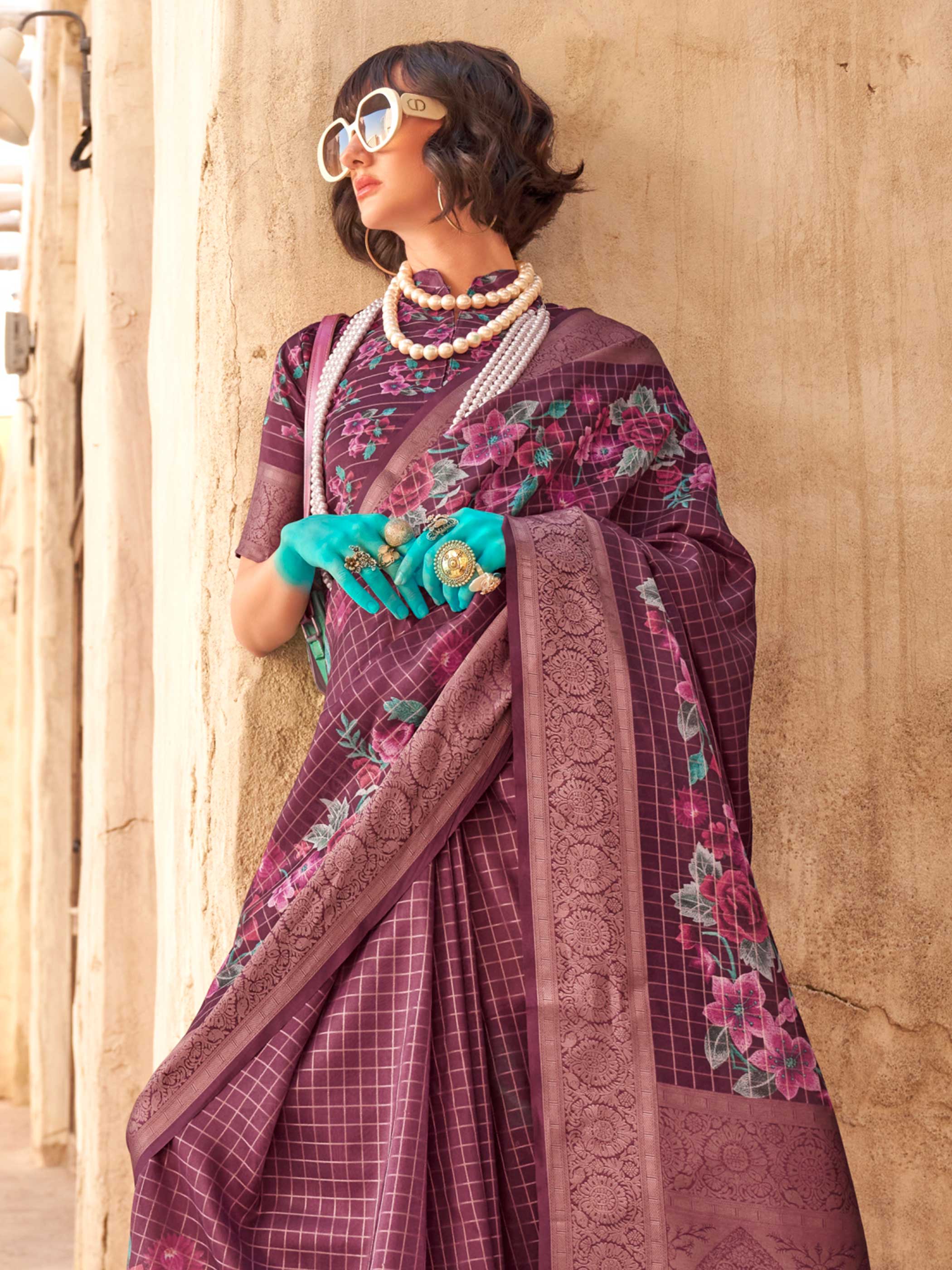 Purple FeatherSoft Saree with Woven Checks and Printed Floral Motifs - Image 3