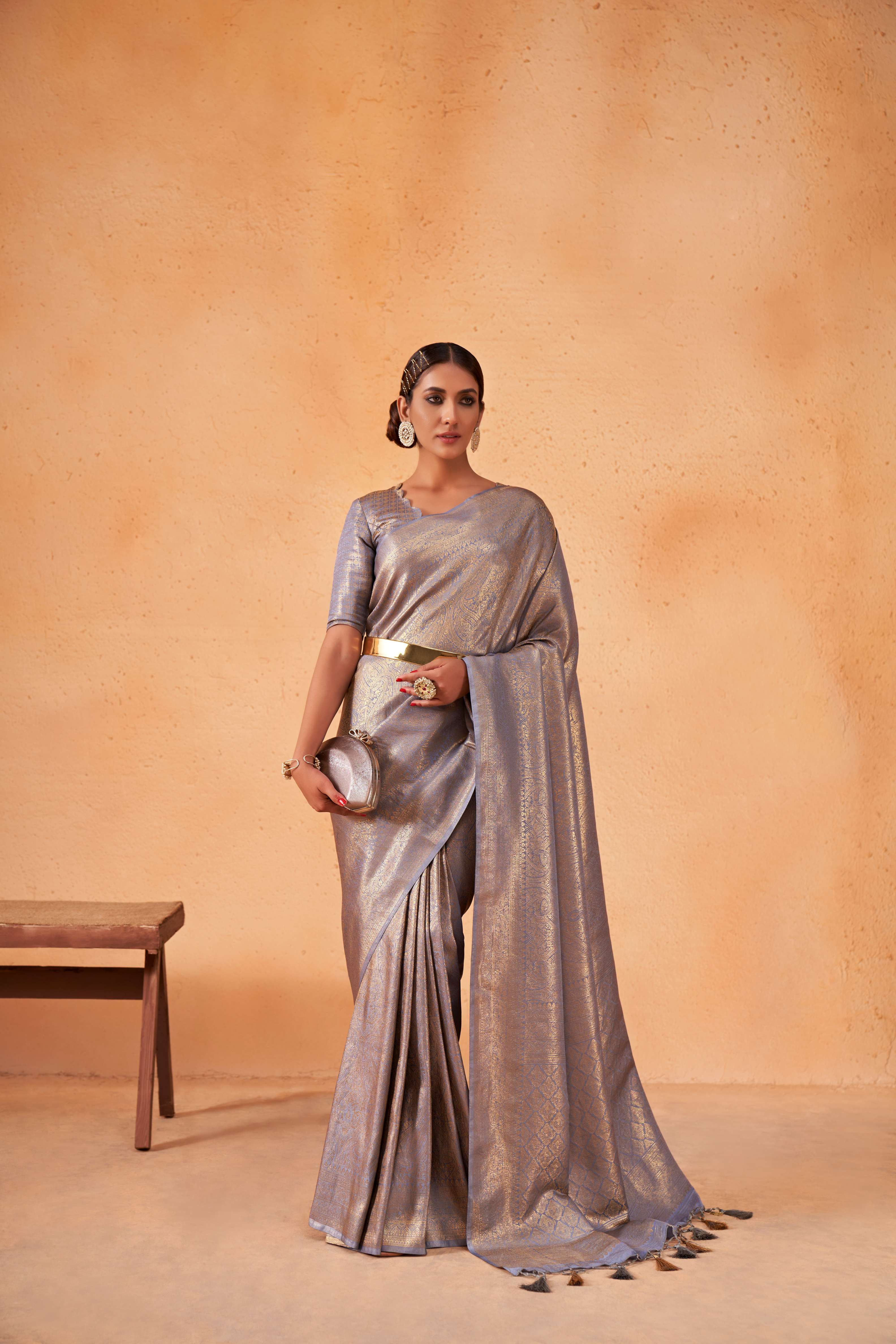 Purple Grey Gold Zari Kanjivaram Silk Saree - Image 4