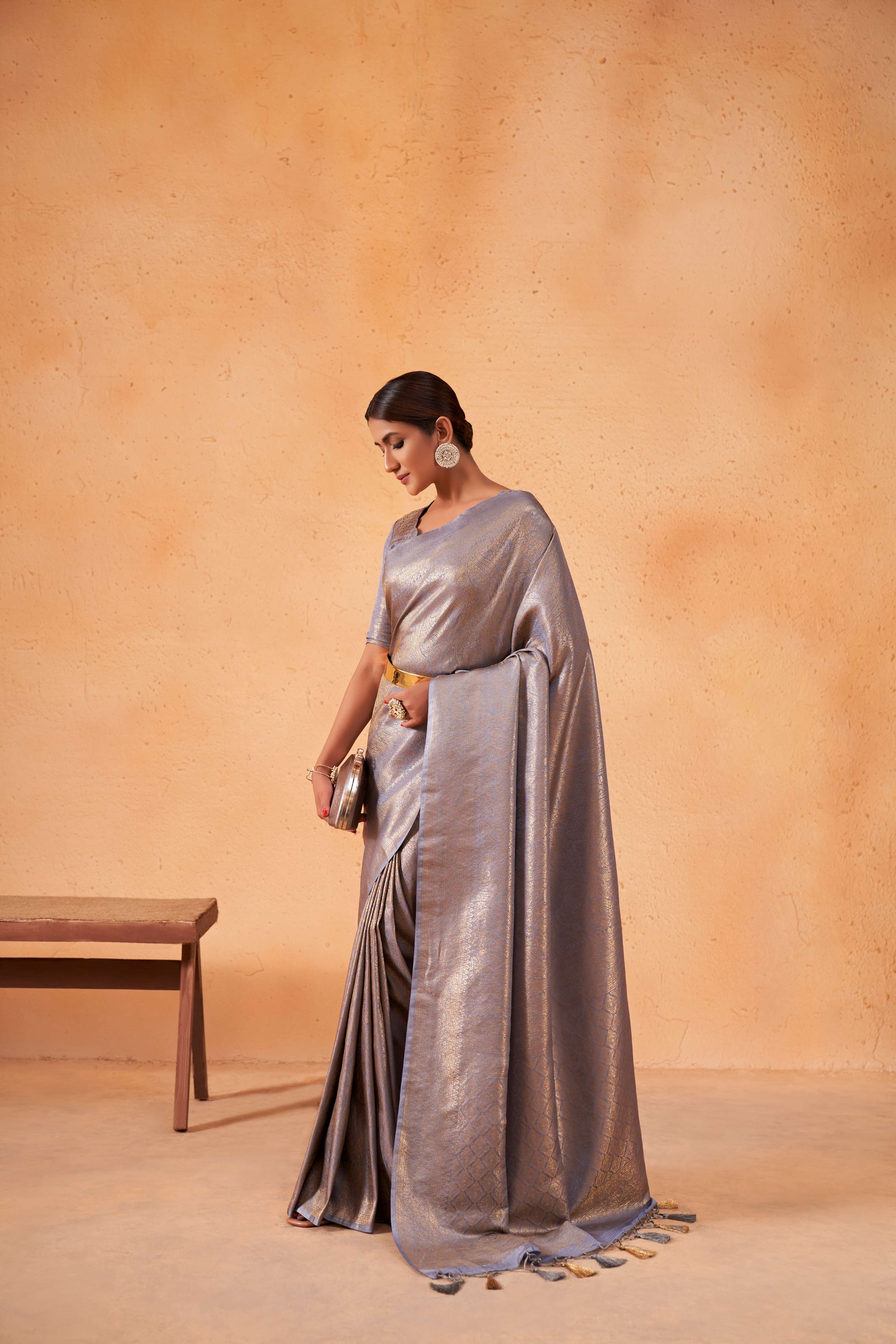 Purple Grey Gold Zari Kanjivaram Silk Saree - Image 5