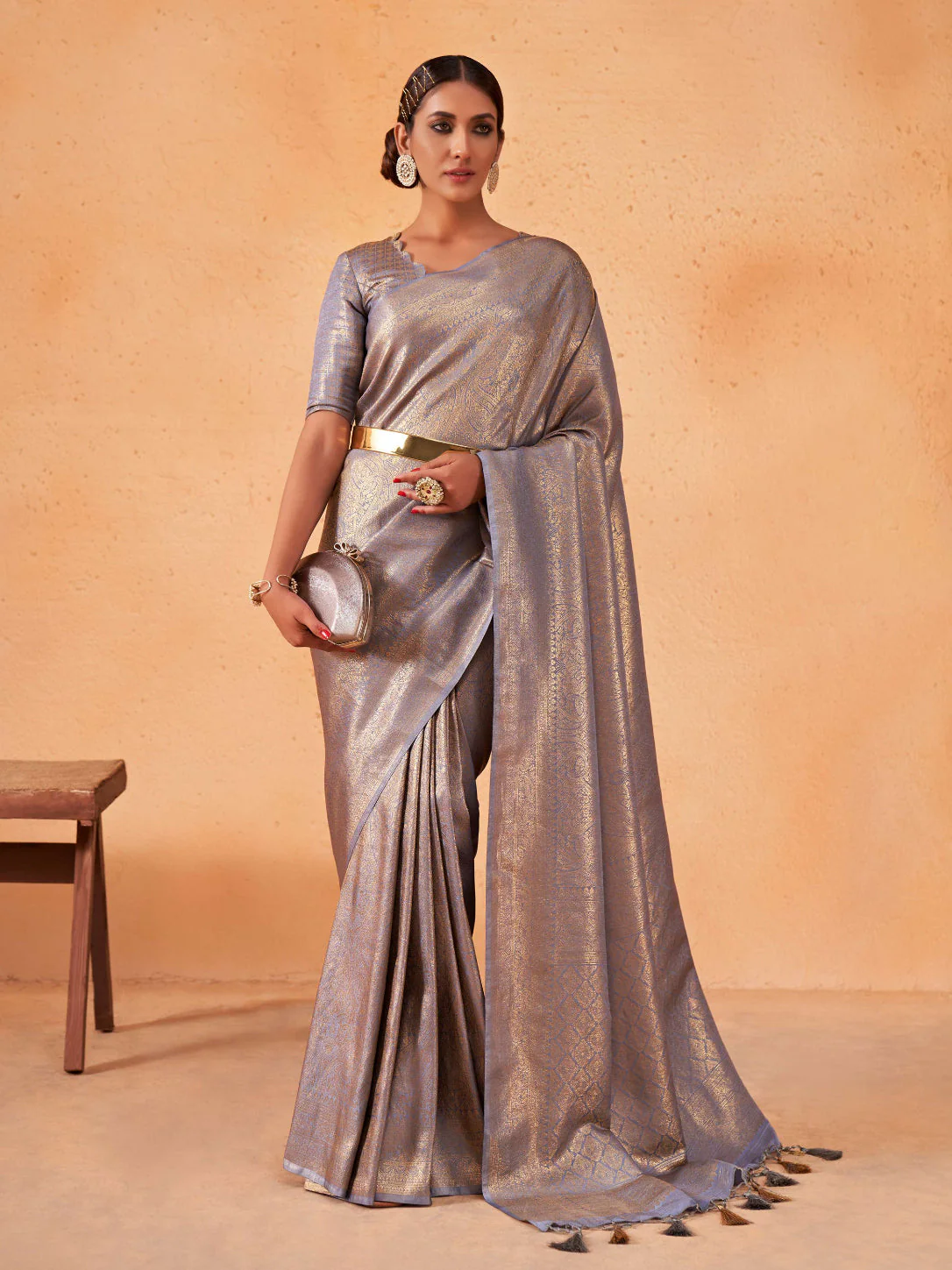 Purple Grey Gold Zari Kanjivaram Silk Saree - Image 6