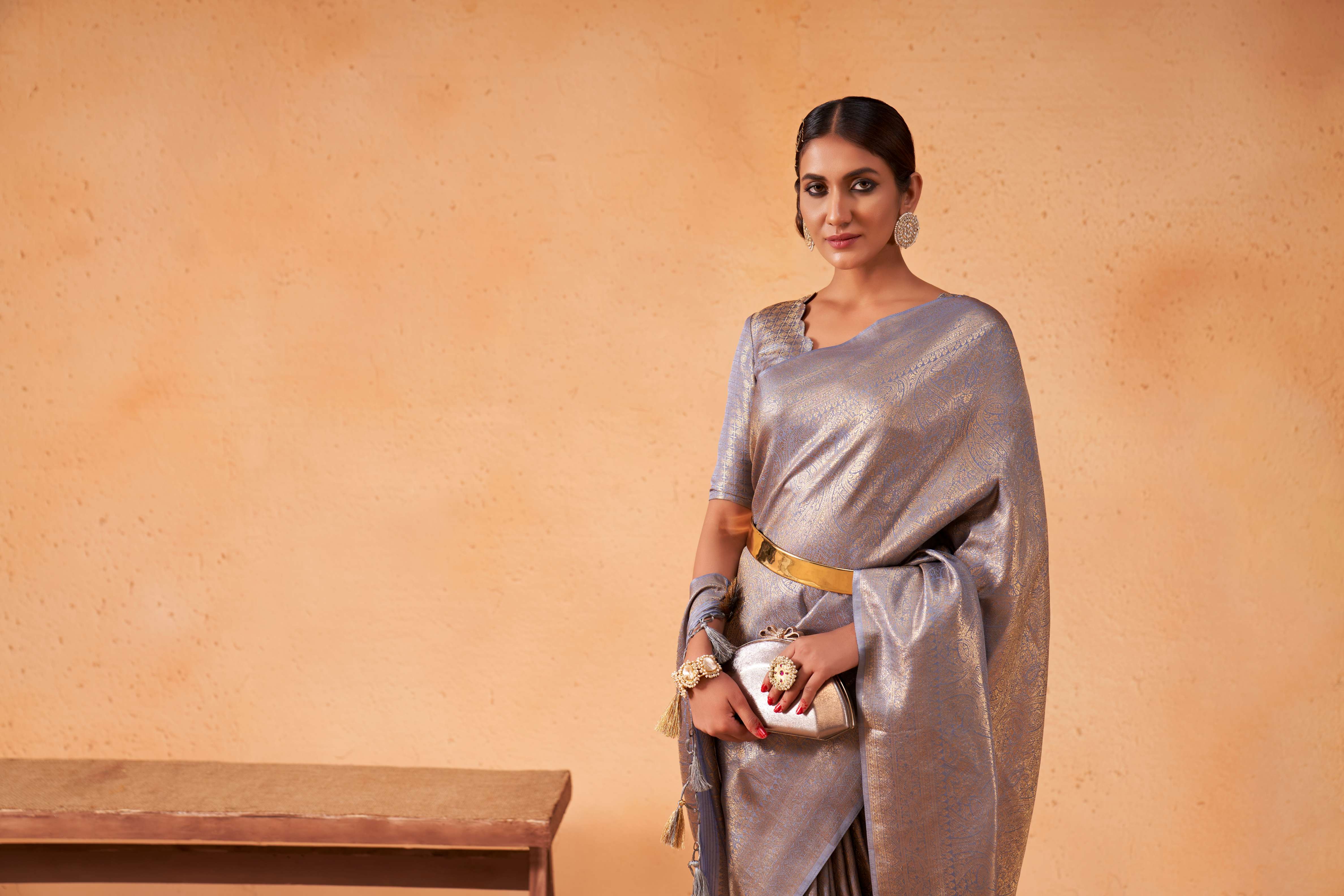 Purple Grey Gold Zari Kanjivaram Silk Saree - Image 7