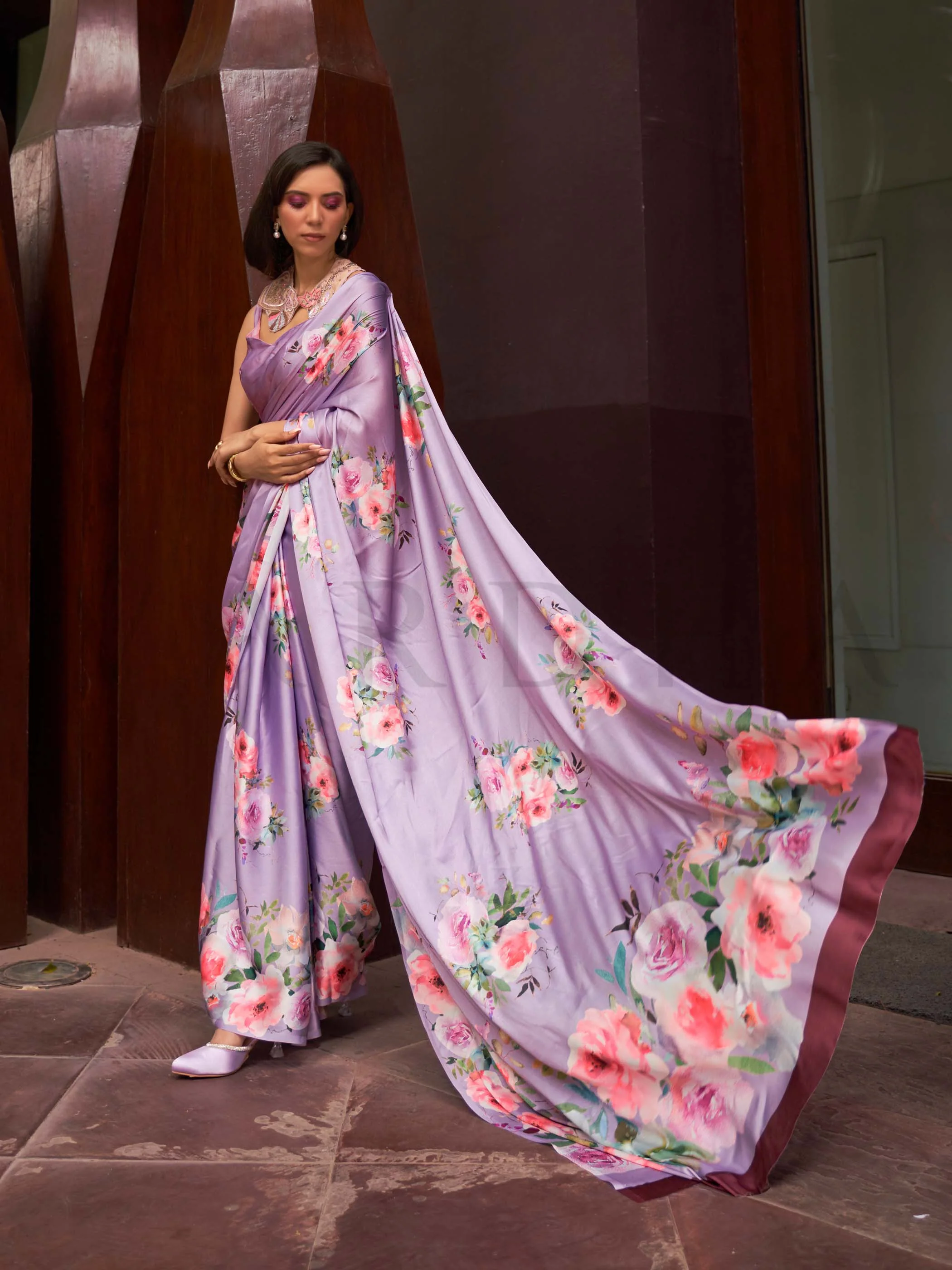 Purple Printed Satin Crepe Saree - Image 5
